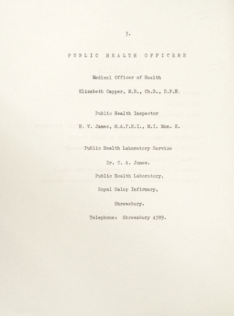 PUBLIC HEALTH OFFICERS Medical Officer of Health Elizabeth Capper* M.B., Ch.B., D.P.H* Public Health Inspector Ho V. James, M.A.P.H.I., M.I. Mun. E. Public Health Laboratory Service Dr. C. A. Jones. Public Health Laboratory, Royal Salop Infirmary, Shrewsbury. Telephone; Shrewsbury 4389*