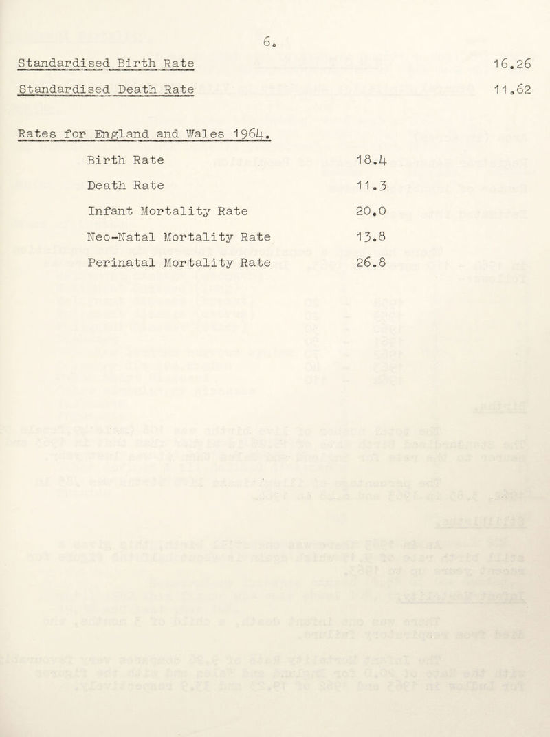 Standardised Birth Rate Standardised Death Rate Rates for England and Wales 1964* Birth Rate 18.4 Death Rate 11.3 Infant Mortality Rate 20.0 Neo-Natal Mortality Rate 13*8 Perinatal Mortality Rate 26.8 1 6.26 11.62