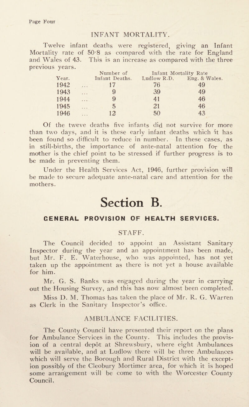 INFANT MORTALITY. Twelve infant deaths were registered, giving an Infant Mortality rate of 5(h8 as compared w;ith the rate for England and Wales of 43. This is an increase as compared with the three previous years. Number of Infant Mortality Rate Year. Infant Deaths. Rudlow R.D. Eng. & 1942 17 76 49 1943 9 39 49 1944 9 41 46 1945 5 21 46 1946 12 50 43 Of the tweve deaths five infants did not survive for more than two days, and it is these early infant deaths which it has been found so difficult to reduce in number. In these cases, as in still-births, the importance of ante-natal attention for the mother is the chief point to be stressed if further progress is to be made in preventing them. Under the Health Services Act, 1946, further provision will be made to secure adequate ante-natal care and attention for the mothers. Section B. GENERAL PROVISION OF HEALTH SERVICES. STAFF. The Council decided to appoint an Assistant Sanitary Inspector during the year and an appointment has been made, but Mr. F. E. Waterhouse, who was appointed, has not yet taken up the appointment as there is not yet a house available for him. Mr. G. S. Banks was engaged during the year in carrying out the Housing Survey, and this has now almost been completed. Miss D. M. Thomas has taken the place of Mr. R. G. Warren as Clerk in the Sanitary Inspector’s office. AMBULANCE FACILITIES. The County Council have presented their report on the plans for Ambulance Services in the County. This includes the provis¬ ion of a central depot at Shrewsbury, where eight Ambulances will be available, and at Ludlow there will be three Ambulances which will serve the Borough and Rural District with the except¬ ion possibly of the Cleobury Mortimer area, for which it is hoped some arrangement will be come to with the Worcester County Council,