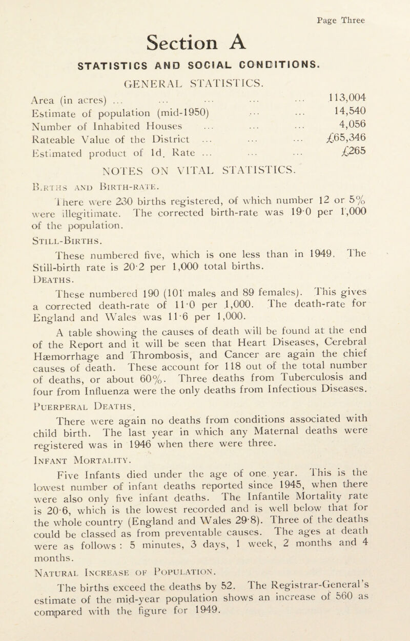 Page Three Section A STATISTICS AND SOCIAL CONDITIONS. GENERAL STATISTICS. Area (in acres) ... 113,004 Estimate of population (mid-1950) 14,540 Number of Inhabited Houses 4,056 Rateable Value of the District £65,346 Estimated product of Id. Rate ... £265 NOTES ON VITAL STATISTICS. ILrths and Birth-rate. i here were 230 births registered, of which number 12 or 5% were illegitimate. The corrected birth-rate was 190 per 1,000 of the population. Still-Births. These numbered five, which is one less than in 1949. The Still-birth rate is 20'2 per 1,000 total births. Deaths. These numbered 190 (101 males and 89 females). This gives a corrected death-rate of 1L0 per .1,000. The death-rate for England and Wales was 116 per 1,000. A table showing the causes of death will be found at the end of the Report and it will be seen that Heart Diseases, Cerebral Haemorrhage and Thrombosis, and Cancer are again the chief causes of death. These account for 118 out of the total number of deaths, or about 60%. Three deaths from Tuberculosis and four from Influenza were the only deaths from Infectious Diseases. Puerperal Deaths. There were again no deaths from conditions associated with child birth. The last year in which any Maternal deaths were registered was in 1946 when there were three. Infant Mortality. Five Infants died under the age of one year. 'This is the lowest number of infant deaths reported since 1945, when there were also only five infant deaths. The Infantile Mortality rate is 20-6, which is the lowest recorded and is well below that for the whole country (England and Wales 29'8). Three of the deaths could be classed as from preventable causes. The ages at death were as follows : 5 minutes, 3 days, 1 week, 2 months and 4 months. Natural Increase of Population. The births exceed the deaths by 52. The Registrar-General’s estimate of the mid-year population shows an increase of 560 as compared with the figure for 1949.