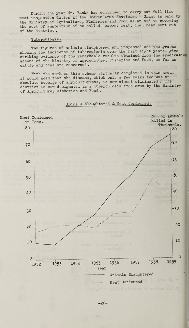 duping the year Mr. Banks has continued, to carry out full tine meat inspection duties at the Craven Arms Abattoir. Grant is paid by the Ministry of Agriculture, Fisheries and Food as an aid to covering the cost of inspection of so called export meat, i .e . meat sent out of the district . Tuberculosis . The figures of animals slaughtered and inspected and the graphs showing the incidence of tuberculosis over the past eight years, give striking evidence of the remarkable results obtained from the eradication scheme of the Ministry of Agriculture, Fisheries and Food, so far as cattle and cows are concerned . With the work on this scheme virtually completed in this area, it would seem that the disease, which only a few years ago was an absolute scourge of agriculturists, is now almost eliminated . The district is now designated as a tuberculosis free area by the Ministry of Agriculture, Fisheries and Food. Animals Slaughtered & Meat Condemned. Meat Condemned in Tons • 80 No . of animals killed in Thousands. f80 Animals Slaughtered Meat Condemned -20-