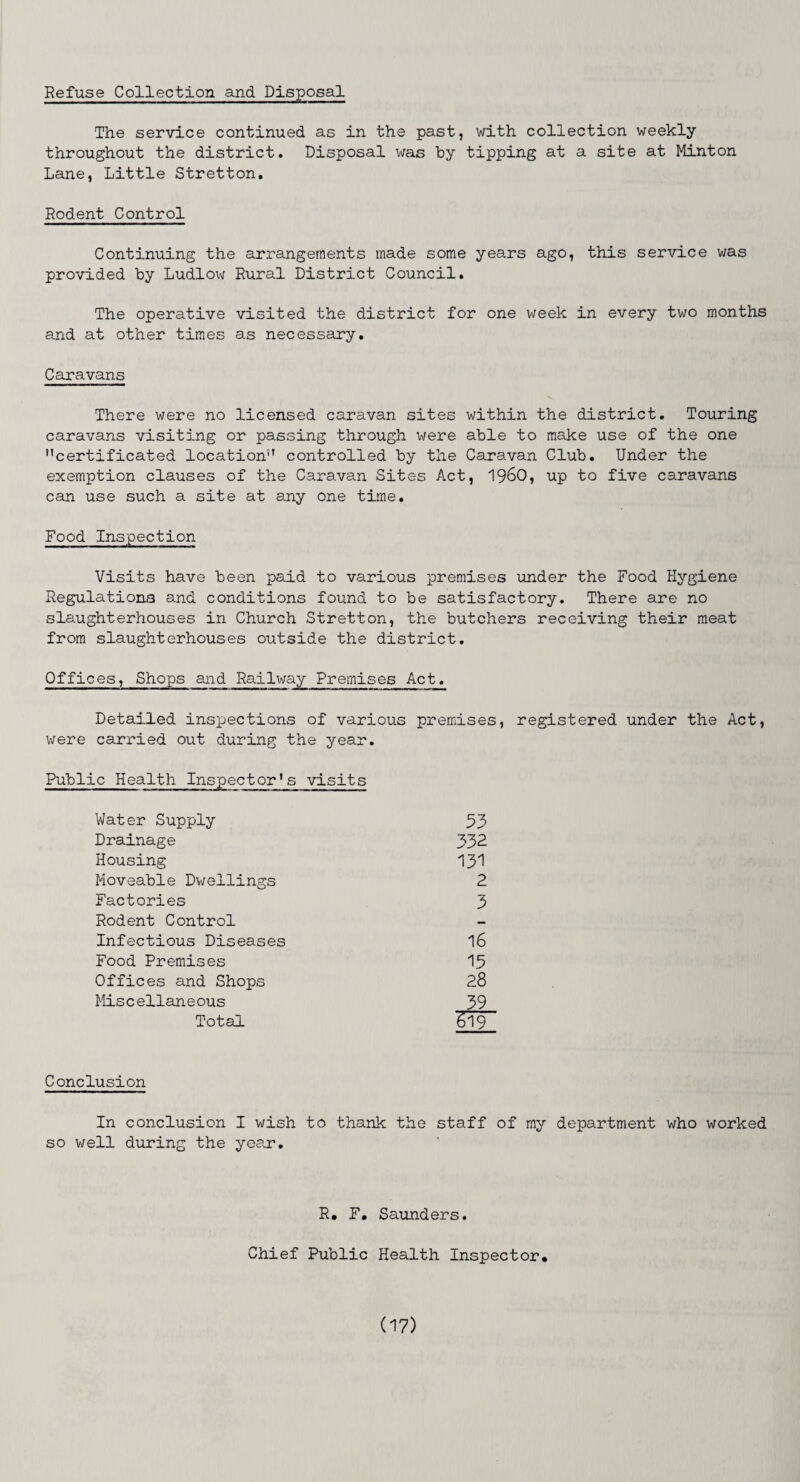 Refuse Collection and Disposal The service continued as in the past, with collection weekly throughout the district. Disposal was by tipping at a site at Minton Lane, Little Stretton. Rodent Control Continuing the arrangements made some years ago, this service was provided by Ludlow Rural District Council. The operative visited the district for one week in every two months and at other times as necessary. Caravans There were no licensed caravan sites within the district. Touring caravans visiting or passing through were able to make use of the one certificated location controlled by the Caravan Club. Under the exemption clauses of the Caravan Sites Act, I960, up to five caravans can use such a site at any one time. Food Inspection Visits have been paid to various premises under the Food Hygiene Regulations and conditions found to be satisfactory. There are no slaughterhouses in Church Stretton, the butchers receiving their meat from slaughterhouses outside the district. Offices, Shops and Railway Premises Act. Detailed inspections of various premises, registered under the Act, were carried out during the year. Public Health Inspector’s visits Water Supply 53 Drainage 332 Housing 131 Moveable Dwellings 2 Factories 3 Rodent Control Infectious Diseases 16 Food Premises 15 Offices and Shops 28 Miscellaneous 39 Total £19 Conclusion In conclusion I wish to thank the staff of my department who worked so well during the year. R. F. Saunders. Chief Public Health Inspector.