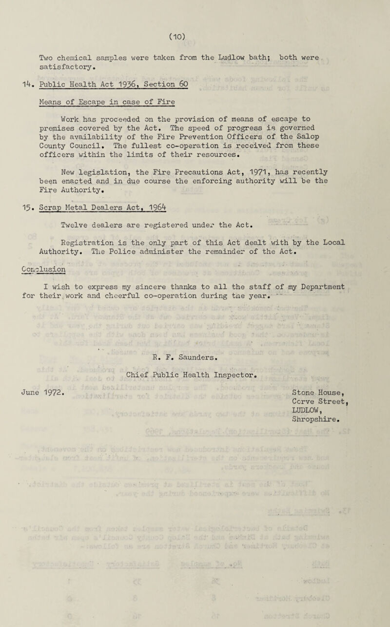 Two chemical samples were taken from the Ludlow hath; both were satisfactory. 14. Public Health Act 1936, Section 60 Means of Escape in case of Fire Work has proceeded on the provision of means of escape to premises covered by the Act. The speed of progress is governed by the availability of the Fire Prevention Officers of the Salop County Council. The fullest co-operation is received from these officers within the limits of their resources. New legislation, the Fire Precautions Act, 19715 has recently been enacted and in due course the enforcing authority will be the Fire Authority. 15. Scrap Metal Dealers Act, 1964 Twelve dealers are registered under the Act. Registration is the only part of this Act dealt with by the Local Authority. The Police administer the remainder of the Act. Conclusion I wish to express my sincere thanks to all the staff of my Department for their work and cheerful co-operation during tne year. ' R. F. Saunders. Chief Public Health Inspector. Stone House, Ccrve Street, LUDLOW, Shropshire. June 1972.