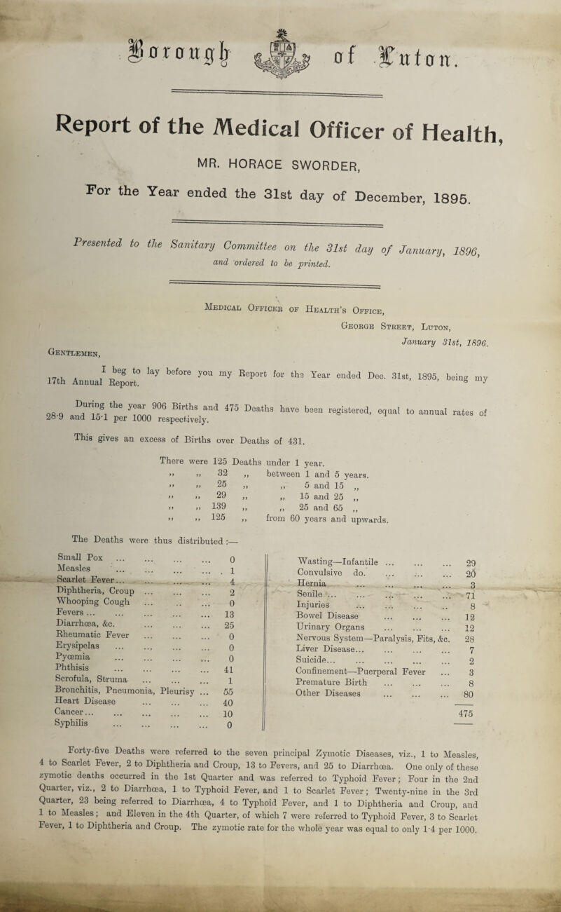 of fatten*. Report of the Medical Officer of Health, MR. HORACE SWORDER, For the Year ended the 31st day of December, 1895. Presented to the Sanitary Committee on the 31st day of January, 1896, and ordered to be printed. Gentlemen, Medical Officer of Health’s Office, George Street, Luton, January 31st, 1896. 1 beg t0 lay before you EeP°rt for the Year ended Dec. 31st, 17th Annual Report. 1895, being my 28-9 During the year 906 Births and and 15'1 per 1000 respectively. 475 Deaths have been registered, equal to annual rates of This gives an excess of Births over Deaths of 431. There were 125 » „ 32 » „ 25 » „ 29 i> ,, 139 11 „ 125 Deaths under 1 year. ,, between 1 and 5 years. >i ,, 5 and 15 ,, ,, 15 and 25 ,, ,, 25 and 65 ,, ,, from 60 years and upwards. The Deaths were thus distributed :— Small Pox . 0 Measles ... ... ... ... 4 Scarlet Pever... ... ... ... 4 Diphtheria, Croup ... ... ... 2 Whooping Cough ... .. ... 0 Fevers ... ... ... ... ... 43 Diarrhoea, &c. ... ... ... 25 Rheumatic Fever . 0 Erysipelas ... ... ... ... q Pyoemia . 0 Phthisis ... ... ... ... 4i Scrofula, Struma ... ... ... 4 Bronchitis, Pneumonia, Pleurisy ... 55 Heart Disease ... ... ... 40 Cancer... ... ... ... _ 40 Syphilis . 0 Wasting—Infantile. Convulsive do. Hernia . Senile ... Injuries Bowel Disease Urinary Organs Nervous System—Paralysis, Fits, &c. Liver Disease... Suicide... Confinement—Puerperal Fever Premature Birth Other Diseases 29 2(3 3 71 8 12 12 28 7 2 3 8 80 475 Forty-five Deaths were referred to the seven principal Zymotic Diseases, viz., 1 to Measles, 4 to Scarlet Fever, 2 to Diphtheria and Croup, 13 to Fevers, and 25 to Diarrhoea. One only of these zymotic deaths occurred in the 1st Quarter and was referred to Typhoid Fever; Four in the 2nd Quarter, viz., 2 to Diarrhoea, 1 to Typhoid Fever, and 1 to Scarlet Fever; Twenty-nine in the 3rd Quarter, 23 being referred to Diarrhoea, 4 to Typhoid Fever, and 1 to Diphtheria and Croup, and 1 to Measles; and Eleven in the 4th Quarter, of which 7 were referred to Typhoid Fever, 3 to Scarlet lever, 1 to Diphtheria and Croup. The zymotic rate for the whole year was equal to only l-4 per 1000. y.