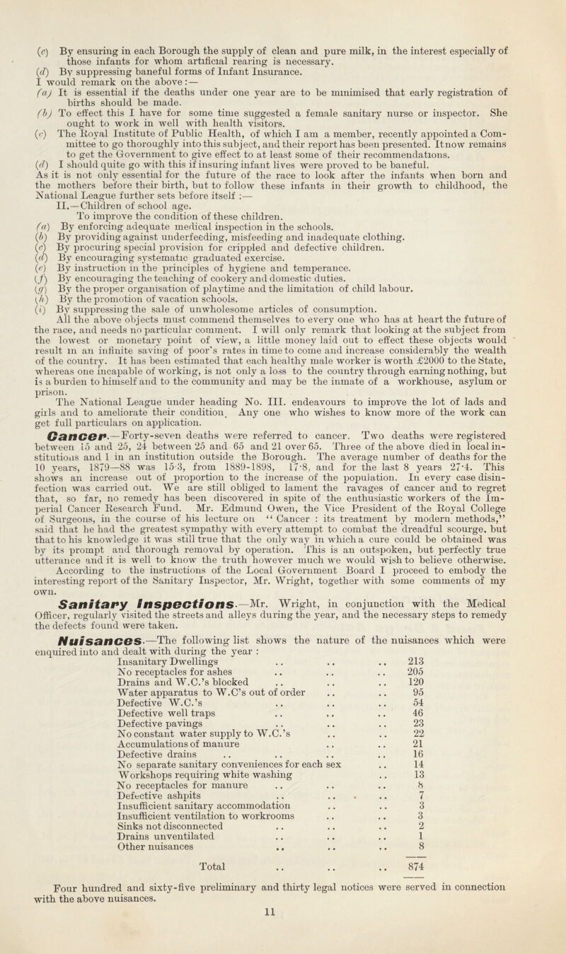 (c) By ensuring in each Borough the supply of clean and pure milk, in the interest especially of those infants for whom artificial rearing is necessary. (d) By suppressing baneful forms of Infant Insurance. I would remark on the above:— (a) It is essential if the deaths under one year are to he minimised that early registration of births should be made. (b) To effect this I have for some time suggested a female sanitary nurse or inspector. She ought to work in well with health visitors. (r) The Royal Institute of Public Health, of which I am a member, recently appointed a Com¬ mittee to go thoroughly into this subject, and their report has been presented. Itnow remains to get the Government to give effect to at least some of their recommendations. (d) I should quite go with this if insuring infant lives were proved to be baneful. As it is not only essential for the future of the race to look after the infants when born and the mothers before their birth, but to follow these infants in their growth to childhood, the National League further sets before itself II,—Children of school age. To improve the condition of these children. (a) By enforcing adequate medical inspection in the schools. (b) By providing against underfeeding, misfeeding and inadequate clothing. (c) By procuring special provision for crippled and defective children. (d) By encouraging systematic graduated exercise. (e) By instruction in the principles of hygiene and temperance. ( f) By encouraging the teaching of cookery and domestic duties. if/) By the proper organisation of playtime and the limitation of child labour. {h) By the promotion of vacation schools. (i) By suppressing the sale of unwholesome articles of consumption. All the above objects must commend themselves to every one who has at heart the future of the race, and needs no particular comment. I will only remark that looking at the subject from the lowest or monetary point of view, a little money laid out to effect these objects would result m an infinite saving of poor's rates in time to come and increase considerably the wealth of the country. It has been estimated that each healthy male worker is worth £2000 to the State, whereas one incapable of working, is not only a loss to the country through earning nothing, but is a burden to himself and to the community and may be the inmate of a workhouse, asylum or prison. The National League under heading No. III. endeavours to improve the lot of lads and gills and to ameliorate their condition . Any one who wishes to know more of the work can get full particulars on application. Gance#*.—Forty-seven deaths were referred to cancer. Two deaths were registered between 15 and 25, 24 between 25 and 65 and 21 over 65. Three of the above died in local in¬ stitutions and 1 in an institution outside the Borough. The average number of deaths for the 10 years, 1879—88 was 15 3, from 1889-1898, 17*8, and for the last 8 years 27-4. This shows an increase out of proportion to the increase of the population. In every case disin¬ fection was carried out. We are still obliged to lament the ravages of cancer and to regret that, so far, no remedy has been discovered in spite of the enthusiastic workers of the Im¬ perial Cancer Research Fund. Mr. Edmund Owen, the Vice President of the Royal College of Surgeons, in the course of his lecture on “ Cancer : its treatment by modern methods,” said that he had the greatest sympathy with every attempt to combat the dreadful scourge, but that to his knowledge it was still true that the only way in which a cure could be obtained was by its prompt and thorough removal by operation. This is an outspoken, but perfectly true utterance and it is well to know the truth however much we would wish to believe otherwise. According to the instructions of the Local Government Board I proceed to embody the interesting report of the Sanitary Inspector, Mr. Wright, together with some comments of my own. Sanitary Bns/joctions—Mr. Wright, in conjunction with the Medical Officer, regularly visited the streets and alleys during the year, and the necessary steps to remedy the defects found were taken. Nuisances•—The following list shows the nature of the nuisances which were enquired into and dealt with during the year : Insanitary Dwellings .. .. .. 213 No receptacles for ashes .. .. .. 205 Drains and W.C.’s blocked .. .. .. 120 Water apparatus to W.C’s out of order .. .. 95 Defective W.C.’s .. .. .. 54 Defective well traps .. .. .. 46 Defective pavings .. .. .. 23 No constant water supply to W.C.’s .. .. 22 Accumulations of manure .. .. 21 Defective drains .. .. .. .. 16 No separate sanitary conveniences for each sex .. 14 Workshops requiring white washing .. 13 No receptacles for manure .. .. .. 8 Defective ashpits .. ... .. 7 Insufficient sanitary accommodation .. .. 3 Insufficient ventilation to workrooms .. .. 3 Sinks not disconnected .. .. .. 2 Drains unventilated .. .. .. 1 Other nuisances .. .. .. 8 Total .. .. .. 874 Four hundred and sixty-five preliminary and thirty legal notices were served in connection with the above nuisances.