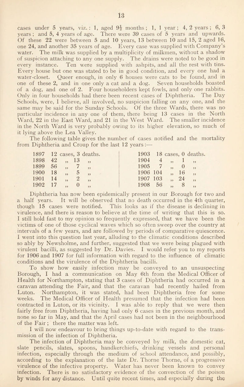 years ; and 5, 4 years of age. There were 39 cases of 5 years and upwards. Of these 22 were between 5 and 10 years, 13 between 10 and 15, 2 aged 16, one 24, and another 35 years of age. Every case was supplied with Company’s water. The milk was supplied by a multiplicity of milkmen, without a shadow of suspicion attaching to any one supply. The drains were noted to be good in every instance. Ten were supplied with ashpits, and all the rest with tins. Every house but one was stated to be in good condition, and every one had a water-closet. Queer enough, in only 6 houses were cats to be found, and in one of these 2, and in one only a cat and a dog. Seven households boasted of a dog, and one of 2. Four householders kept fowls, and only one rabbits. Only in four households had there been recent cases of Diphtheria. The Day Schools, were, I believe, all involved, no suspicion falling on any one, and the same may be said for the Sunday Schools. Of the three Wards, there was no particular incidence in any one of them, there being 13 cases in the North Ward, 22 in the East Ward, and 21 in the West Ward. The smaller incidence in the North Ward is very probably owing to its higher elevation, so much of it lying above the Lea Valley. The following table gives the number of cases notified and the mortality from Diphtheria and Croup for the last 12 years:— 1897 12 cases, 3 deaths. 1903 18 cases, 0 deaths. 1898 42 n 13 „ 1904 4 „ 1 >> 1899 56 5 J 7 „ 1905 7 „ o >> 1900 18 n 5 „ 1906 104 „ 16 1901 14 >> 2 „ 1907 103 „ 24 >> 1902 17 0 „ 1908 56 „ 8 5 J Diphtheria has now been epidemically present in our Borough for two and a half years. It will be observed that no death occurred in the 4th quarter, though 15 cases were notified. This looks as if the disease is declining in virulence, and there is reason to believe at the time of writing that this is so. I still hold fast to my opinion so frequently expressed, that we have been the victims of one of those cyclical waves which so often sweep over the country at intervals of a few years, and are followed by periods of comparative quiescence. I went into this question last year, alluding to the climatic conditions described so ably by Newsholme, and further, suggested that we were being plagued with virulent bacilli, as suggested by Dr. Davies. I would refer you to my reports for 1906 and 1907 for full information with regard to the influence of climatic conditions and the virulence of the Diphtheria bacilli. To show how easily infection may be conveyed to an unsuspecting Borough, I had a communication on May 6th from the Medical Officer of Health for Northampton, stating that 3 cases of Diphtheria had occurred in a caravan attending the Fair, and that the caravan had recently hailed from Luton. Northampton, it was stated, had been Diphtheria free for some weeks. The Medical Officer of Health presumed that the infection had been contracted in Luton, or its vicinity. I was able to reply that we were then fairly free from Diphtheria, having had only 6 cases in the previous month, and none so far in May, and that the April cases had not been in the neighbourhood of the Fair ; there the matter was left. I will now endeavour to bring things up-to-date with regard to the trans¬ mission of the infection of Diphtheria. The infection of Diphtheria may be conveyed by milk, the domestic cat, slate pencils, slates, spoons, handkerchiefs, drinking vessels and personal infection, especially through the medium of school attendance, and possibly, according to the explanation of the late Dr. Thorne Thorne, of a progressive virulence of the infective property. Water has never been known to convey infection. There is no satisfactory evidence of the convection of the poison by winds for any distance. Until quite recent times, and especially during the