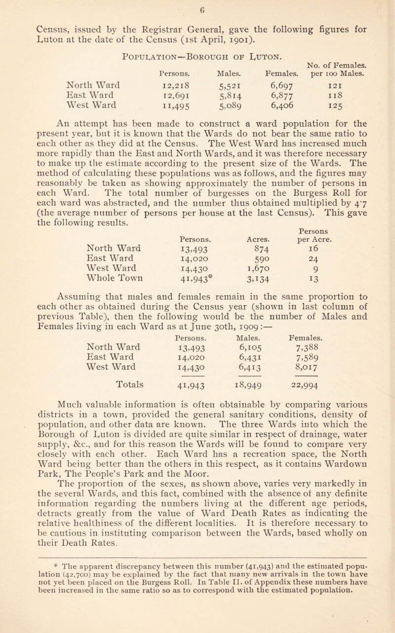 Census, issued by the Registrar General, gave the following figures for Ruton at the date of the Census (ist April, 1901). Population—Borough op Buton. Persons. Males. Females. No. of Females, per 100 Males. North Ward 12,218 5.521 6,697 121 East Ward 12,691 5.814 6,877 Il8 West Ward H.495 5.089 6,406 125 An attempt has been made to construct a ward population for the present year, but it is known that the Wards do not bear the same ratio to each other as they did at the Census. The West Ward has increased much more rapidly than the East and North Wards, and it wras therefore necessary to make up the estimate according to the present size of the Wards. The method of calculating these populations was as follows, and the figures may reasonably be taken as showing approximately the number of persons in each Ward. The total number of burgesses on the Burgess Roll for each ward was abstracted, and the number thus obtained multiplied by 4*7 (the average number of persons per house at the last Census). This gave the following results. Persons Persons. Acres. per Acre. North Ward 13.493 874 16 East Ward 14,020 590 24 West Ward 14,430 1,670 9 Whole Town 4B943* 3434 13 Assuming that males and females remain in the same proportion to each other as obtained during the Census year (shown in last column of previous Table), then the following would be the number of Males and Females living in each Ward as at June 30th, 1909:— Persons. Males. Females. North Ward 13493 6,105 7,388 East Ward 14,020 6,431 7,589 West Ward 14.430 6,413 8,017 Totals 4D943 18,949 22,994 Much valuable information is often obtainable by comparing various districts in a town, provided the general sanitary conditions, density of population, and other data are known. The three Wards into which the Borough of Euton is divided are quite similar in respect of drainage, water supply, &e., and for this reason the Wards will be found to compare very closely with each other. Each Ward has a recreation space, the North Ward being better than the others in this respect, as it contains Wardown Park, The People’s Park and the Moor. The proportion of the sexes, as shown above, varies very markedly in the several Wards, and this fact, combined with the absence of any definite information regarding the numbers living at the different age periods, detracts greatly from the value of Ward Death Rates as indicating the relative healthiness of the different localities. It is therefore necessary to be cautious in instituting comparison between the Wards, based wholly on their Death Rates. * Tlie apparent discrepancy between this number (41,943) and the estimated popu¬ lation (42,700) may be explained by the fact that many new arrivals in the town have not yet been placed on the Burgess Roll. I11 Table II. of Appendix these numbers have been increased in the same ratio so as to correspond with the estimated population.