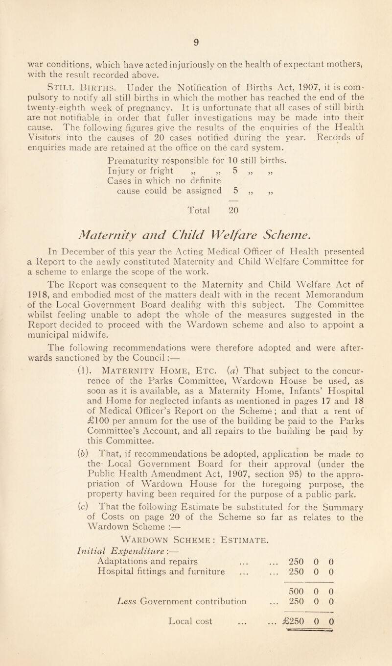 war conditions, which have acted injuriously on the health of expectant mothers, with the result recorded above. Still Births. Under the Notification of Births Act, 1907, it is com¬ pulsory to notify all still births in which the mother has reached the end of the twenty-eighth week of pregnancy. It is unfortunate that all cases of still birth are not notifiable, in order that fuller investigations may be made into their cause. The following figures give the results of the enquiries of the Health Visitors into the causes of 20 cases notified during the year. Records of enquiries made are retained at the office on the card system. Prematurity responsible for 10 still births. Injury or fright „ „ 5 „ „ Cases in which no definite cause could be assigned 5 ,, ,, Total 20 Maternity and Child Welfare Scheme. In December of this year the Acting Medical Officer of Health presented a Report to the newly constituted Maternity and Child Welfare Committee for a scheme to enlarge the scope of the work. The Report was consequent to the Maternity and Child Welfare Act of 1918, and embodied most of the matters dealt with in the recent Memorandum of the Local Government Board dealing with this subject. The Committee whilst feeling unable to adopt the whole of the measures suggested in the Report decided to proceed with the Wardown scheme and also to appoint a municipal midwife. The following recommendations were therefore adopted and were after¬ wards sanctioned by the Council:— (1). Maternity Home, Etc. [ci) That subject to the concur¬ rence of the Parks Committee, Wardown House be used, as soon as it is available, as a Maternity Home, Infants’ Hospital and Home for neglected infants as mentioned in pages 17 and 18 of Medical Officer’s Report on the Scheme ; and that a rent of £100 per annum for the use of the building be paid to the Parks Committee’s Account, and all repairs to the building be paid by this Committee. [h] That, if recommendations be adopted, application be made to the- Local Government Board for their approval (under the Public Health Amendment Act, 1907, section 95) to the appro¬ priation of Wardown House for the foregoing purpose, the property having been required for the purpose of a public park. (c) That the following Estimate be substituted for the Summary of Costs on page 20 of the Scheme so far as relates to the Wardown Scheme :— Wardown Scheme : Estimate. Initial Expenditure :— Adaptations and repairs ... 250 0 0 Hospital fittings and furniture ... 250 0 0 500 0 0 Less Government contribution ... 250 0 0 Local cost ... £250 0 0 Local cost