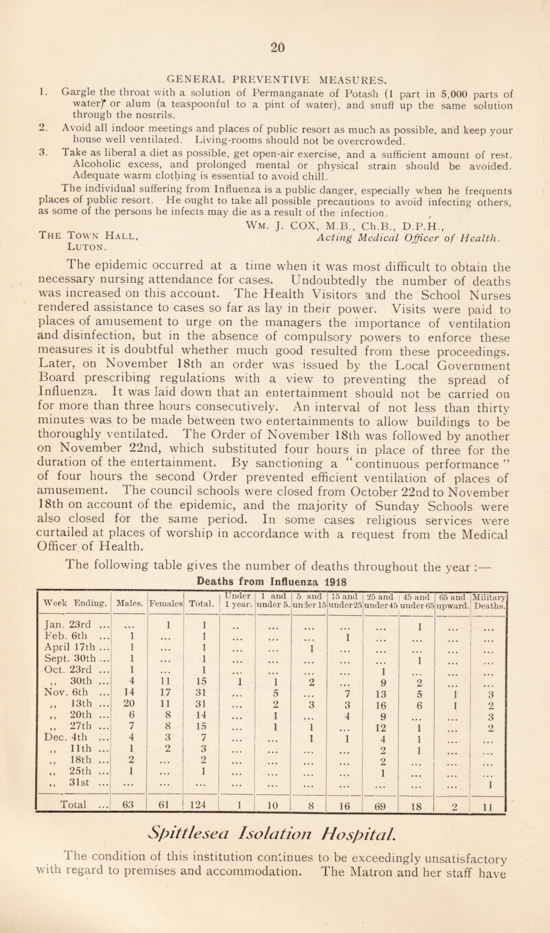 GENERAL PREVENTIVE MEASURES. 1. Gargle the throat with a solution of Permanganate of Potash (1 part in 5,000 parts of water)* or alum (a teaspoonful to a pint of water), and snuff up the same solution through the nostrils. 2. Avoid all indoor meetings and places of public resort as much as possible, and keep your house well ventilated. Living-rooms should not be overcrowded. 3. Take as liberal a diet as possible, get open-air exercise, and a sufficient amount of rest. Alcoholic excess, and prolonged mental or physical strain should be avoided. Adequate warm clothing is essential to avoid chill. The individual suffering from Influenza is a public danger, especially when he frequents places of public resort. He ought to take all possible precautions to avoid infecting others, as some of the persons he infects may die as a result of the infection. Wm. J. cox, M.B., Ch.B., D.P.H., The Tow^n Hall, Acting Medical Officer of Health. Luton. The epidemic occurred at a time when it was most difficult to obtain the necessary nursing attendance for cases. Undoubtedly the number of deaths was increased on this account. The Health Visitors and the School Nurses rendered assistance to cases so far as lay in their power. Visits were paid to places of amusement to urge on the managers the importance of ventilation and disinfection, but in the absence of compulsory powers to enforce these measures it is doubtful whether much good resulted from these proceedings. Later, on November 18th an order was issued by the Local Government Board prescribing regulations with a view to preventing the spread of Influenza. It was laid down that an entertainment should not be carried on for more than three hours consecutively. An interval of not less than thirty minutes was to be made between two entertainments to allow buildings to be thoroughly ventilated. The Order of November 18th was followed by another on November 22nd, which substituted four hours in place of three for the duration of the entertainment. By sanctioning a continuous performance” of four hours the second Order prevented efficient ventilation of places of amusement. The council schools were closed from October 22nd to November 18th on account of the epidemic, and the majority of Sunday Schools were also closed for the same period. In some cases religious services were curtailed at places of worship in accordance with a request from the Medical Officer of Health. The following table gives the number of deaths throughout the year :— Deaths from Influenza 1918 Week Ending-. Males. Females Total. Under 1 year. 1 and under 5. 5 and under 15 15 and under25 25 and | 45 and under 45 under 65 65 and upward. Military Deaths. Jan. 23rd ... • • • 1 1 1 Feb. 6th 1 • • • 1 1 April 17th ... 1 • • • 1 1 Sept. 30th ... 1 • • 1 1 Oct. 23rd ... 1 • • • 1 1 ,, 30th ... 4 11 15 1 1 2 9 2 Nov. 6th ... 14 17 31 5 7 13 5 1 3 ,, 13th ... 20 11 31 2 3 3 16 6 1 2 ,, 20th ... 6 8 14 1 ... 4 9 3 27th ... 7 8 15 1 1 12 1 2 Dec. 4th ... 4 3 7 1 1 4 1 . . . ,, nth ... 1 2 3 2 1 ,, 18th ... 2 • • • 2 2 ,, 25th ... 1 • • • 1 1 ,, 31st ... ... ... ... ... ... ... 1 Total 63 61 124 1 10 8 16 69 18 2 11 Sjoittlesea Isolation HosfntaL The condition of this institution continues to be exceedingly unsatisfactory with regard to premises and accommodation. The Matron and her staff have