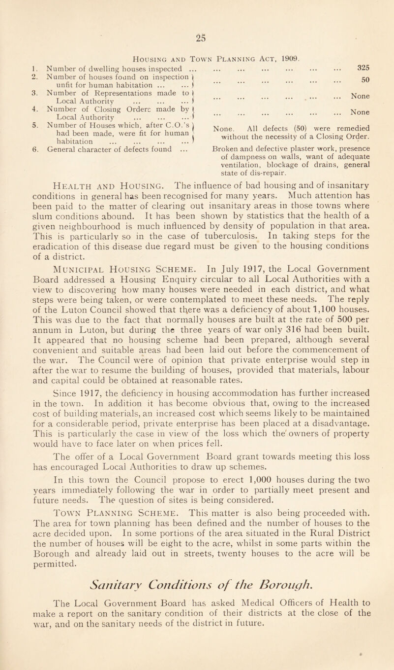 Housing and Town Planning Act, 1909. 1. Number of dwelling houses inspected ... 2. Number of houses found on inspection unfit for human habitation ... ... j 3. Number of Representations made to 1 Local Authority ... ... ... i 4. Number of Closing Orders made by I Local .Authority ... ... ... 1 5. Number of Houses which, after C.O.’s \ had been made, were fit for human | habitation ... ... ... ... ) 6. General character of defects found 32A • •• ••• ••• ••• ••• ••• AO • •• ••• ••• ••• ••• CfV/ ... ... ... ... ... ... None ... ... ... ... ... ... None None. All defects (50) were remedied without the necessity of a Closing Order. Broken and defective plaster work, presence of dampness on walls, want of adequate ventilation, blockage of drains, general state of dis-repair. Health and Housing. The influence of bad housing and of insanitary conditions in general has been recognised for many years. Much attention has been paid to the matter of clearing out insanitary areas in those towns where slum conditions abound. It has been shown by statistics that the health of a given neighbourhood is much influenced by density of population in that area. This is particularly so in the case of tuberculosis. In taking steps for the eradication of this disease due regard must be given to the housing conditions of a district. Municipal Housing Scheme. In July 1917, the Local Government Board addressed a Housing Enquiry circular to all Local Authorities with a view to discovering how many houses were needed in each district, and what steps were being taken, or were contemplated to meet these needs. The reply of the Luton Council showed that tflere was a deficiency of about 1,100 houses. This was due to the fact that normally houses are built at the rate of 500 per annum in Luton, but during the three years of war only 316 had been built. It appeared that no housing scheme had been prepared, although several convenient and suitable areas had been laid out before the commencement of the war. The Council were of opinion that private enterprise would step in after the war to resume the building of houses, provided that materials, labour and capital could be obtained at reasonable rates. Since 1917, the deficiency in housing accommodation has further increased in the town. In addition it has become obvious that, owing to the increased cost of building materials, an increased cost which seems likely to be maintained for a considerable period, private enterprise has been placed at a disadvantage. This is particularly the case in view of the loss which the'owners of property would have to face later on when prices fell. The offer of a Local Government Board grant towards meeting this loss has encouraged Local Authorities to draw up schemes. In this town the Council propose to erect 1,000 houses during the two years immediately following the war in order to partially meet present and future needs. The question of sites is being considered. Town Planning Scheme. This matter is also being proceeded with. The area for town planning has been defined and the number of houses to the acre decided upon. In some portions of the area situated in the Rural District the number of houses will be eight to the acre, whilst in some parts within the Borough and already laid out in streets, twenty houses to the acre will be permitted. Sanitary Conditions of the Borough, The Local Government Board has asked Medical Officers of Health to make a report on the sanitary condition of their districts at the close of the war, and on the sanitary needs of the district in future.
