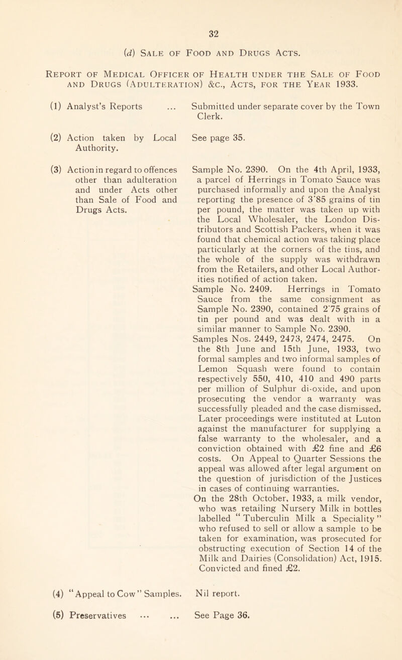 (d) Sale of Food and Drugs Acts. Report of Medical Officer of Health under the Sale of Food and Drugs ('Adulteration) &c., Acts, for the Year 1933. (l) Analyst’s Reports Submitted under separate cover by the Town Clerk. (2) Action taken by Local Authority. See page 35. (3) Action in regard to offences other than adulteration and under Acts other than Sale of Food and Drugs Acts. Sample No. 2390. On the 4th April, 1933, a parcel of Herrings in Tomato Sauce was purchased informally and upon the Analyst reporting the presence of 3’85 grains of tin per pound, the matter was taken up with the Local Wholesaler, the London Dis¬ tributors and Scottish Packers, when it was found that chemical action was taking place particularly at the corners of the tins, and the whole of the supply was withdrawn from the Retailers, and other Local Author¬ ities notified of action taken. Sample No. 2409. Herrings in Tomato Sauce from the same consignment as Sample No. 2390, contained 2'75 grains of tin per pound and was dealt with in a similar manner to Sample No. 2390. Samples Nos. 2449, 2473, 2474, 2475. On the 8th June and 15th June, 1933, two formal samples and two informal samples of Lemon Squash were found to contain respectively 550, 410, 410 and 490 parts per million of Sulphur di-oxide, and upon prosecuting the vendor a warranty was successfully pleaded and the case dismissed. Later proceedings were instituted at Luton against the manufacturer for supplying a false warranty to the wholesaler, and a conviction obtained with £2 fine and £6 costs. On Appeal to Quarter Sessions the appeal was allowed after legal argument on the question of jurisdiction of the Justices in cases of continuing warranties. On the 28th October, 1933, a milk vendor, who was retailing Nursery Milk in bottles labelled “ Tuberculin Milk a Speciality ” who refused to sell or allow a sample to be taken for examination, was prosecuted for obstructing execution of Section 14 of the Milk and Dairies (Consolidation) Act, 1915. Convicted and fined £2. (4) “Appeal to Cow ” Samples. Nil report. (5) Preservatives See Page 36.