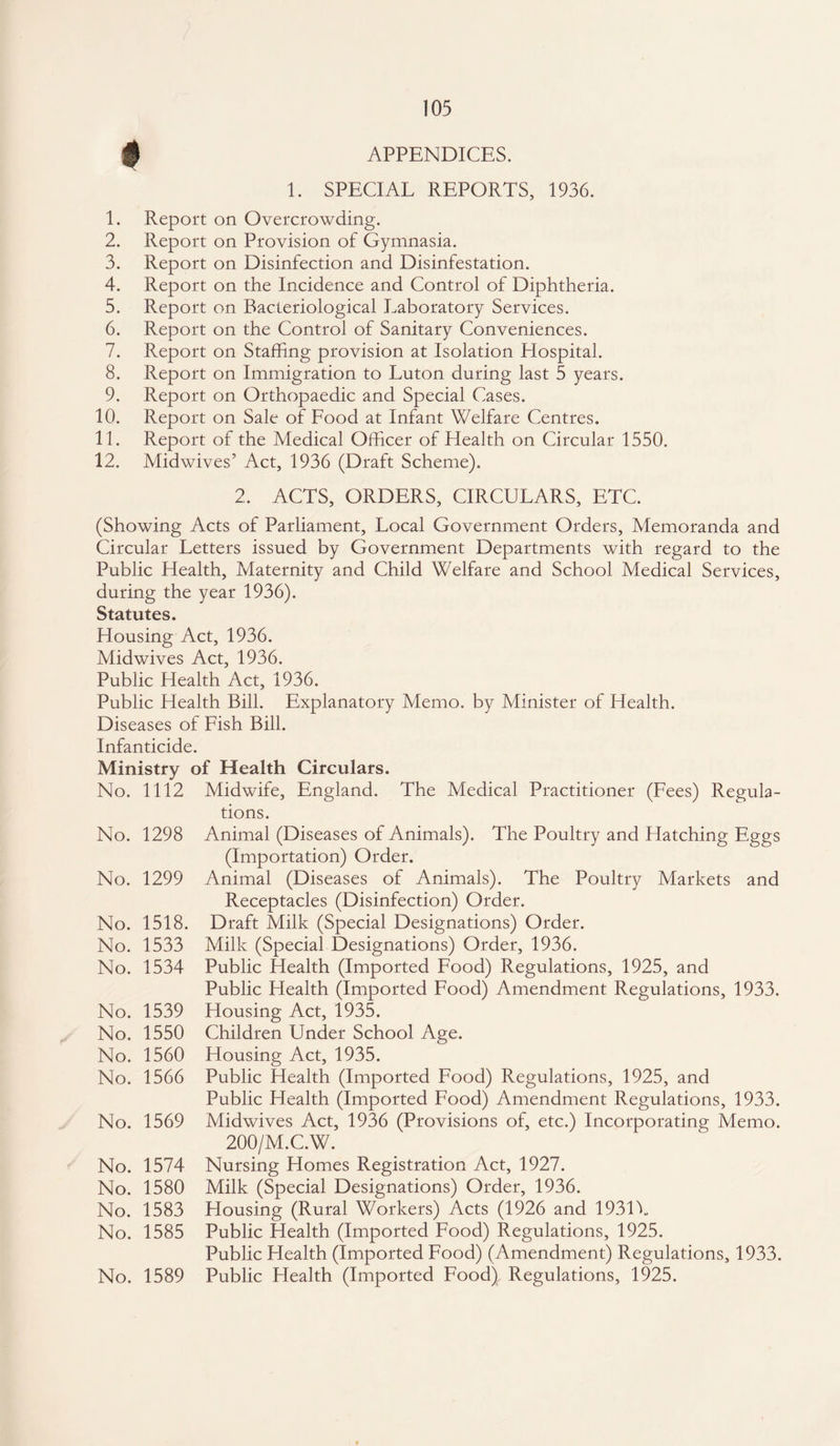 APPENDICES. 1. Report on 2. Report on 3. Report on 4. Report on 5. Report on 6. Report on 7. Report on 8. Report on 9. Report on 10. Report on 11. Report of 12. Midwives’ 1. SPECIAL REPORTS, 1936. Overcrowding. Provision of Gymnasia. Disinfection and Disinfestation, the Incidence and Control of Diphtheria. Bacteriological Laboratory Services, the Control of Sanitary Conveniences. Staffing provision at Isolation Hospital. Immigration to Luton during last 5 years. Orthopaedic and Special Cases. Sale of Food at Infant Welfare Centres, the Medical Officer of Health on Circular 1550. Act, 1936 (Draft Scheme). 2. ACTS, ORDERS, CIRCULARS, ETC. (Showing Acts of Parliament, Local Government Orders, Memoranda and Circular Letters issued by Government Departments with regard to the Public Health, Maternity and Child Welfare and School Medical Services, during the year 1936). Statutes. Housing Act, 1936. Midwives Act, 1936. Public Health Act, 1936. Public Health Bill. Explanatory Memo, by Minister of Health. Diseases of Fish Bill. Infanticide. Ministry of Health Circulars. No. 1112 Midwife, England. The Medical Practitioner (Fees) Regula¬ tions. Animal (Diseases of Animals). The Poultry and Hatching Eggs (Importation) Order. Animal (Diseases of Animals). The Poultry Markets and Receptacles (Disinfection) Order. Draft Milk (Special Designations) Order. Milk (Special Designations) Order, 1936. Public Health (Imported Food) Regulations, 1925, and Public Health (Imported Food) Amendment Regulations, 1933. Housing Act, 1935. No. 1550 Children Under School Age. No. 1560 Housing Act, 1935. No. 1566 Public Health (Imported Food) Regulations, 1925, and Public Health (Imported Food) Amendment Regulations, 1933. No. 1569 Midwives Act, 1936 (Provisions of, etc.) Incorporating Memo. 200/M.C.W. No. 1574 Nursing Homes Registration Act, 1927. No. 1580 Milk (Special Designations) Order, 1936. No. 1583 Housing (Rural Workers) Acts (1926 and 1931L No. 1585 Public Health (Imported Food) Regulations, 1925. Public Health (Imported Food) (Amendment) Regulations, 1933. No. 1589 Public Health (Imported Food) Regulations, 1925. No. 1298 No. 1299 No. 1518. No. 1533 No. 1534 No. 1539