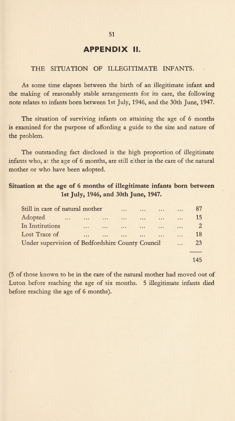APPENDIX IS. THE SITUATION OF ILLEGITIMATE INFANTS. As some time elapses between the birth of an illegitimate infant and the making of reasonably stable arrangements for its care, the following note relates to infants born between 1st July, 1946, and the 30th June, 1947. The situation of surviving infants on attaining the age of 6 months is examined for the purpose of affording a guide to the size and nature of the problem. The outstanding fact disclosed is the high proportion of illegitimate infants who, at the age of 6 months, are still either in the care of the natural mother or who have been adopted. Situation at the age of 6 months of illegitimate infants bom between 1st July, 1946, and 30th June, 1947. Still in care of natural mother Adopted ... ... ... ... ... In Institutions Lost Trace of Under supervision of Bedfordshire County Council 87 15 2 18 23 145 (5 of those known to be in the care of the natural mother had moved out of Luton before reaching the age of six months. 5 illegitimate infants died before reaching the age of 6 months).