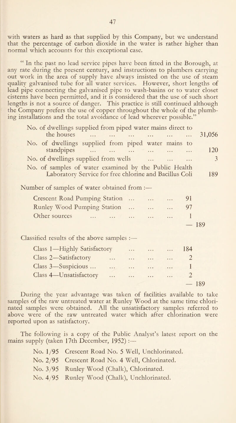 with waters as hard as that supplied by this Company, but we understand that the percentage of carbon dioxide in the water is rather higher than normal which accounts for this exceptional case. “ In the past no lead service pipes have been fitted in the Borough, at any rate during the present century, and instructions to plumbers carrying out work in the area of supply have always insisted on the use of steam quality galvanised tube for all water services. However, short lengths of lead pipe connecting the galvanised pipe to wash-basins or to water closet cisterns have been permitted, and it is considered that the use of such short lengths is not a source of danger. This practice is still continued although the Company prefers the use of copper throughout the whole of the plumb¬ ing installations and the total avoidance of lead wherever possible.” No. of dwellings supplied from piped water mains direct to the houses No. of dwellings supplied from piped water mains to standpipes No. of dwellings supplied from wells No. of samples of water examined by the Public Health Laboratory Service for free chlorine and Bacillus Coli 31,056 120 3 189 Number of samples of water obtained from Crescent Road Pumping Station ... Runley Wood Pumping Station Other sources Classified results of the above samples Class 1—Highly Satisfactory Class 2—Satisfactory Class 3—Suspicious ... Class 4—Unsatisfactory 91 97 1 189 184 2 1 2 189 During the year advantage was taken of facilities available to take samples of the raw untreated water at Runley Wood at the same time chlori¬ nated samples were obtained. All the unsatisfactory samples referred to above were of the raw untreated water which after chlorination were reported upon as satisfactory. The following is a copy of the Public Analyst’s latest report on the mains supply (taken 17th December, 1952) :— No. 1 /95 Crescent Road No. 5 Well, Unchlorinated. No. 2/95 Crescent Road No. 4 Well, Chlorinated. No. 3/95 Runley Wood (Chalk), Chlorinated. No. 4/95 Runley Wood (Chalk), Unchlorinated.