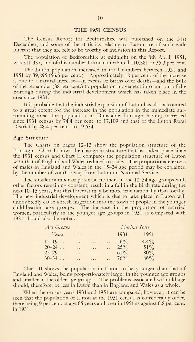 THE 1951 CENSUS The Census Report for Bedfordshire was published on the 31st December, and some of the statistics relating to Luton are of such wide interest that they are felt to be worthy of inclusion in this Report. The population of Bedfordshire at midnight on the 8th April, 1951, was 311,937, and of this number Luton contributed 110,381 or 35.3 per cent. The Luton population increased in total numbers between 1931 and 1951 by 39,895 (56.6 per cent.). Approximately 18 per cent, of the increase is due to a natural increase—an excess of births over deaths—and the bulk of the remainder (38 per cent.) to population movement into and out of the Borough during the industrial development which has taken place in the area since 1931. It is probable that the industrial expansion of Luton has also accounted to a great extent for the increase in the population in the immediate sur¬ rounding area—the population in Dunstable Borough having increased since 1931 census by 74.4 per cent, to 17,109 and that of the Luton Rural District by 48.4 per cent, to 19,634. Age Structure The Charts on pages 12-13 show the population structure of the Borough. Chart I shows the change in structure that has taken place since the 1931 census and Chart II compares the population structure of Luton with that of England and Wales reduced to scale. The proportionate excess of males in England and Wales in the 15-24 age period may be explained by the number of youths away from Luton on National Service. The smaller number of potential mothers in the 10-34 age groups will, other factors remaining constant, result in a fall in the birth rate during the next 10-15 years, but this forecast may be more true nationally than locally. The new industrial development which is due to take place in Luton will undoubtedly cause a fresh migration into the town of people in the younger child-bearing age groups. The increase in the proportion of married women, particularly in the younger age groups in 1951 as compared with 1931 should also be noted. Age Groups Marital State Years 1931 1951 15-19 ... • • • • • • ... 1.6% 4.4% 20-24 ... * . . . • • ••• 25% 51% 25-29 ... . . • • • • ■■■ 61% 80% 30-34 ... ... ... ... 76% 86% Chart 11 shows the population in Luton to be younger than that of England and Wales, being proportionately larger in the younger age groups and smaller in the older age groyps. The problems associated with old age should, therefore, be less in Luton than in England and Wales as a whole. When the census years 1931 and 1951 are compared, however, it can be seen that the population of Luton at the 1951 census is considerably older, there being 9 per cent, at age 65 years and over in 1951 as against 6.8 per cent, in 1931.