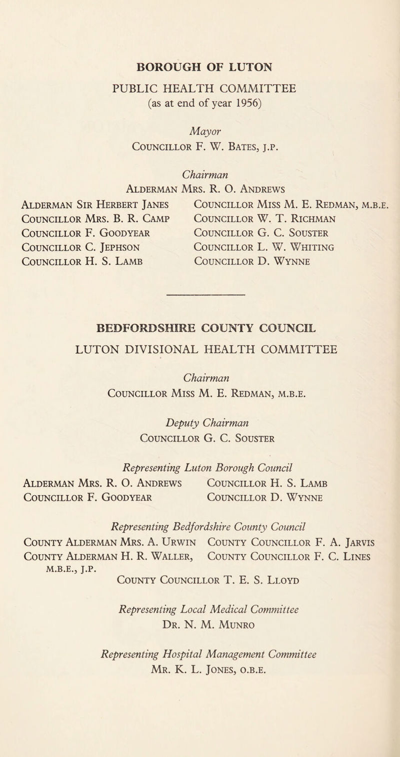 PUBLIC HEALTH COMMITTEE (as at end of year 1956) Mayor Councillor F. W. Bates, j.p. Chairman Alderman Mrs. R. O. Andrews Alderman Sir Herbert Janes Councillor Mrs. B. R. Camp Councillor F. Goodyear Councillor C. Jephson Councillor H. S. Lamb Councillor Miss M. E. Redman Councillor W. T. Richman Councillor G. C. Souster Councillor L. W. Whiting Councillor D. Wynne M.B BEDFORDSHIRE COUNTY COUNCIL LUTON DIVISIONAL HEALTH COMMITTEE Chairman Councillor Miss M. E. Redman, m.b.e. Deputy Chairman Councillor G. C. Souster Representing Luton Borough Council Alderman Mrs. R. O. Andrews Councillor H. S. Lamb Councillor F. Goodyear Councillor D. Wynne Representing Bedfordshire County Council County Alderman Mrs. A. Urwin County Councillor F. A. Jarvis County Alderman H. R. Waller, County Councillor F. C. Lines M.B.E., J.P. County Councillor T. E. S. Lloyd Representing Local Medical Committee Dr. N. M. Munro Representing Hospital Management Committee Mr. K. L. Jones, o.b.e.
