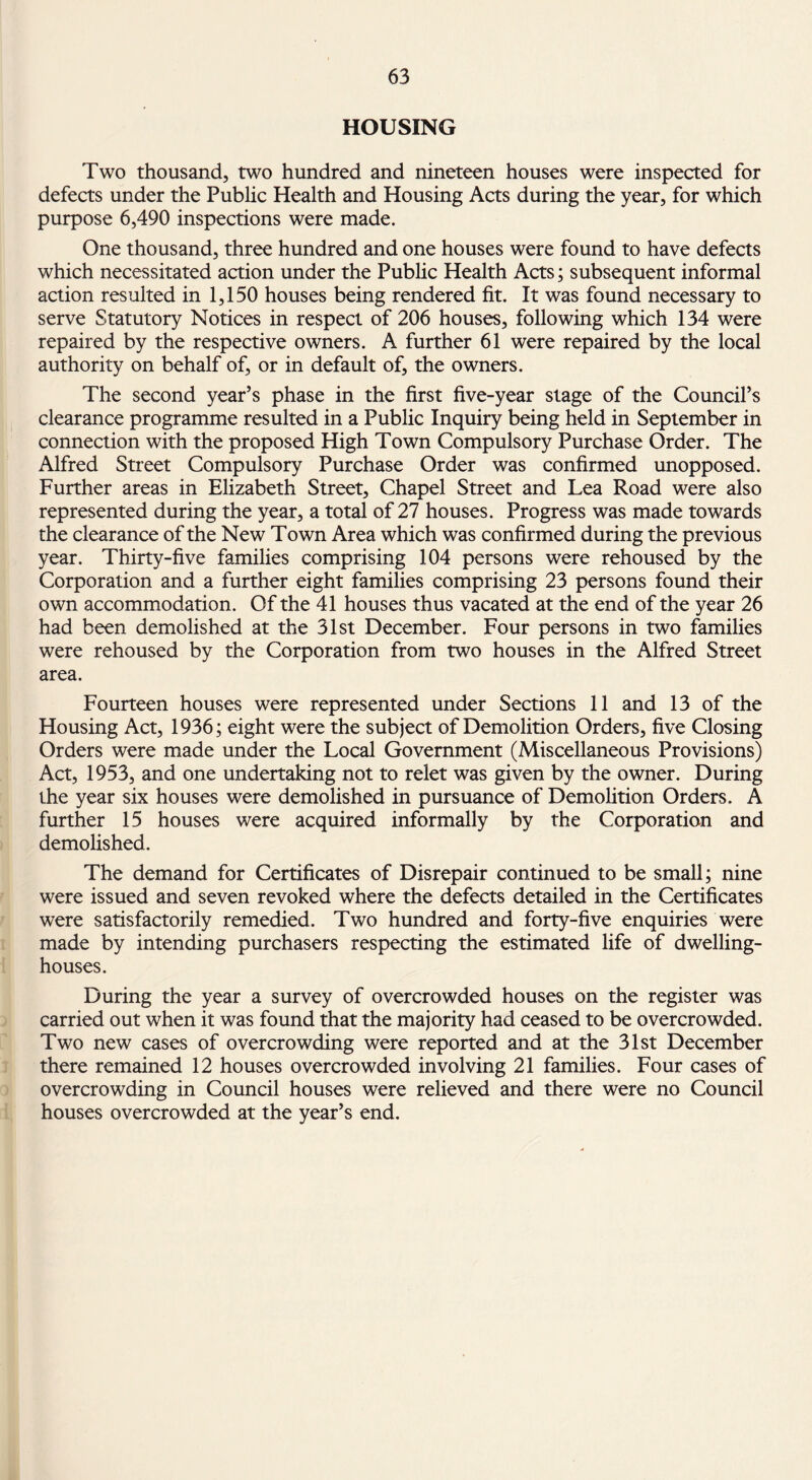 HOUSING Two thousand, two hundred and nineteen houses were inspected for defects under the Public Health and Housing Acts during the year, for which purpose 6,490 inspections were made. One thousand, three hundred and one houses were found to have defects which necessitated action under the Public Health Acts; subsequent informal action resulted in 1,150 houses being rendered fit. It was found necessary to serve Statutory Notices in respect of 206 houses, following which 134 were repaired by the respective owners. A further 61 were repaired by the local authority on behalf of, or in default of, the owners. The second year’s phase in the first five-year stage of the Council’s clearance programme resulted in a Public Inquiry being held in September in connection with the proposed High Town Compulsory Purchase Order. The Alfred Street Compulsory Purchase Order was confirmed unopposed. Further areas in Elizabeth Street, Chapel Street and Lea Road were also represented during the year, a total of 27 houses. Progress was made towards the clearance of the New Town Area which was confirmed during the previous year. Thirty-five families comprising 104 persons were rehoused by the Corporation and a further eight families comprising 23 persons found their own accommodation. Of the 41 houses thus vacated at the end of the year 26 had been demolished at the 31st December. Four persons in two families were rehoused by the Corporation from two houses in the Alfred Street area. Fourteen houses were represented under Sections 11 and 13 of the Housing Act, 1936; eight were the subject of Demolition Orders, five Closing Orders were made under the Local Government (Miscellaneous Provisions) Act, 1953, and one undertaking not to relet was given by the owner. During the year six houses were demolished in pursuance of Demolition Orders. A further 15 houses were acquired informally by the Corporation and demolished. The demand for Certificates of Disrepair continued to be small; nine were issued and seven revoked where the defects detailed in the Certificates were satisfactorily remedied. Two hundred and forty-five enquiries were made by intending purchasers respecting the estimated life of dwelling- houses. During the year a survey of overcrowded houses on the register was carried out when it was found that the majority had ceased to be overcrowded. Two new cases of overcrowding were reported and at the 31st December there remained 12 houses overcrowded involving 21 families. Four cases of overcrowding in Council houses were relieved and there were no Council houses overcrowded at the year’s end.