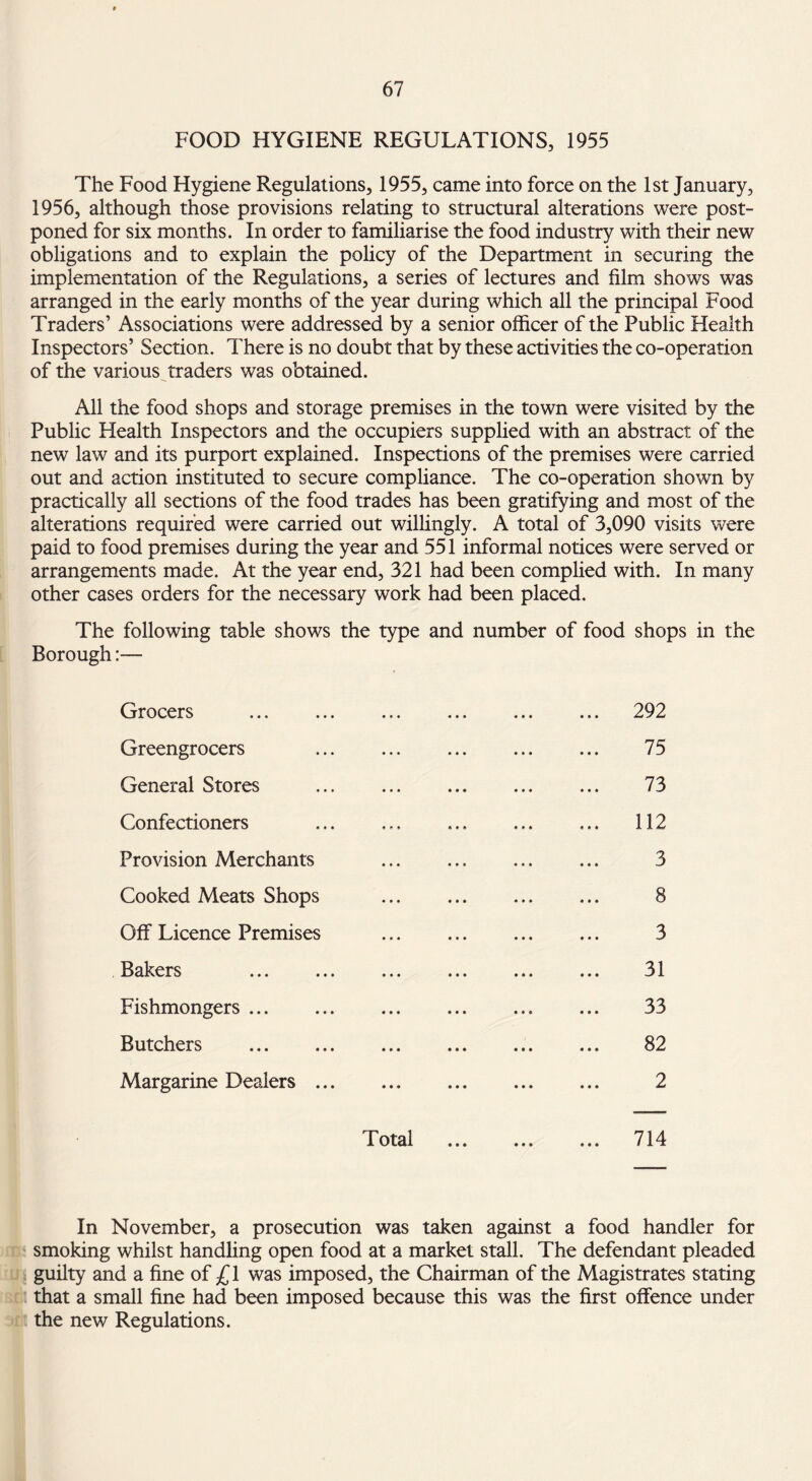 FOOD HYGIENE REGULATIONS, 1955 The Food Hygiene Regulations, 1955, came into force on the 1st January, 1956, although those provisions relating to structural alterations were post¬ poned for six months. In order to familiarise the food industry with their new obligations and to explain the policy of the Department in securing the implementation of the Regulations, a series of lectures and film shows was arranged in the early months of the year during which all the principal Food Traders’ Associations were addressed by a senior officer of the Public Health Inspectors’ Section. There is no doubt that by these activities the co-operation of the various traders was obtained. All the food shops and storage premises in the town were visited by the Public Health Inspectors and the occupiers supplied with an abstract of the new law and its purport explained. Inspections of the premises were carried out and action instituted to secure compliance. The co-operation shown by practically all sections of the food trades has been gratifying and most of the alterations required were carried out willingly. A total of 3,090 visits were paid to food premises during the year and 551 informal notices were served or arrangements made. At the year end, 321 had been complied with. In many other cases orders for the necessary work had been placed. The following table shows the type and number of food shops in the Borough:— Grocers . 292 Greengrocers 75 General Stores . 73 Confectioners . 112 Provision Merchants . 3 Cooked Meats Shops . 8 Off Licence Premises . 3 Bakers ... ... ... ... ... ... 31 Fishmongers. 33 Butchers . 82 Margarine Dealers. 2 Total . 714 In November, a prosecution was taken against a food handler for smoking whilst handling open food at a market stall. The defendant pleaded guilty and a fine of £1 was imposed, the Chairman of the Magistrates stating that a small fine had been imposed because this was the first offence under the new Regulations.