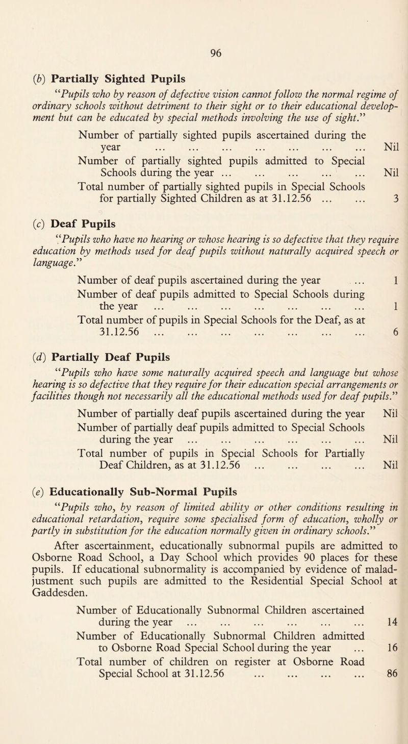 (.b) Partially Sighted Pupils “Pupils who by reason of defective vision cannot follow the normal regime of ordinary schools without detriment to their sight or to their educational develop¬ ment but can be educated by special methods involving the use of sight.” Number of partially sighted pupils ascertained during the year ... ... ... ... ... ... ... Nil Number of partially sighted pupils admitted to Special Schools during the year. Nil Total number of partially sighted pupils in Special Schools for partially Sighted Children as at 31.12.56 ... ... 3 (c) Deaf Pupils “Pupils who have no hearing or whose hearing is so defective that they require education by methods used for deaf pupils without naturally acquired speech or language” Number of deaf pupils ascertained during the year ... Number of deaf pupils admitted to Special Schools during the year Total number of pupils in Special Schools for the Deaf, as at 31.12.5 6 ... ... ... ... ... ... ... 1 1 6 (d) Partially Deaf Pupils “Pupils who have some naturally acquired speech and language but whose hearing is so defective that they require for their education special arrangements or facilities though not necessarily all the educational methods used for deaf pupils” Number of partially deaf pupils ascertained during the year Nil Number of partially deaf pupils admitted to Special Schools during the year . Nil Total number of pupils in Special Schools for Partially Deaf Children, as at 31.12.56 ... ... ... ... Nil {e) Educationally Sub-Normal Pupils “Pupils who, by reason of limited ability or other conditions resulting in educational retardation, require some specialised form of education, wholly or partly in substitution for the education normally given in ordinary schools” After ascertainment, educationally subnormal pupils are admitted to Osborne Road School, a Day School which provides 90 places for these pupils. If educational subnormality is accompanied by evidence of malad¬ justment such pupils are admitted to the Residential Special School at Gaddesden. Number of Educationally Subnormal Children ascertained during the year ... ... ... ... ... ... 14 Number of Educationally Subnormal Children admitted to Osborne Road Special School during the year ... 16 Total number of children on register at Osborne Road Special School at 31.12.56 . 86