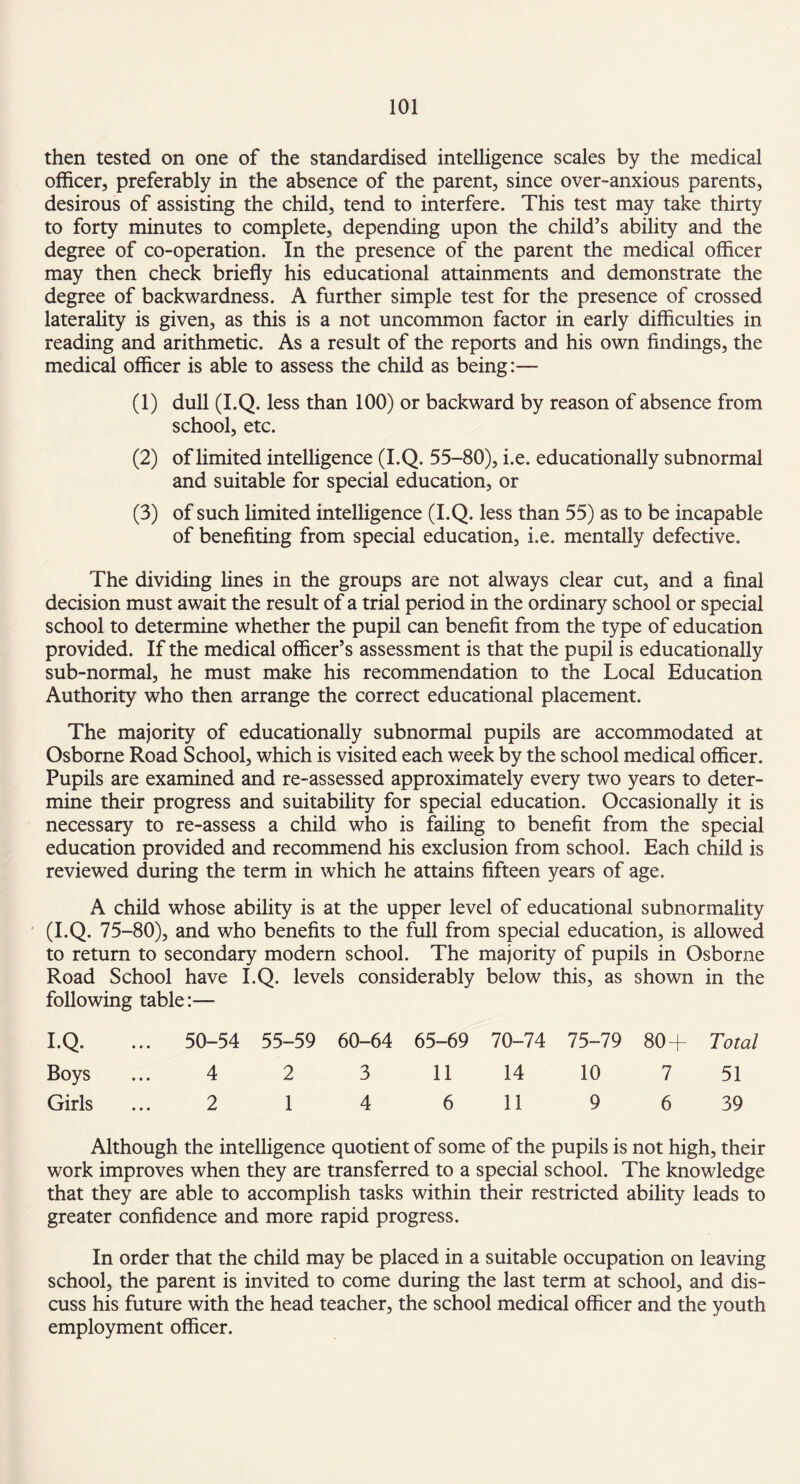 then tested on one of the standardised intelligence scales by the medical officer, preferably in the absence of the parent, since over-anxious parents, desirous of assisting the child, tend to interfere. This test may take thirty to forty minutes to complete, depending upon the child’s ability and the degree of co-operation. In the presence of the parent the medical officer may then check briefly his educational attainments and demonstrate the degree of backwardness. A further simple test for the presence of crossed laterality is given, as this is a not uncommon factor in early difficulties in reading and arithmetic. As a result of the reports and his own findings, the medical officer is able to assess the child as being:— (1) dull (I.Q. less than 100) or backward by reason of absence from school, etc. (2) of limited intelligence (I.Q. 55-80), i.e. educationally subnormal and suitable for special education, or (3) of such limited intelligence (I.Q. less than 55) as to be incapable of benefiting from special education, i.e. mentally defective. The dividing lines in the groups are not always clear cut, and a final decision must await the result of a trial period in the ordinary school or special school to determine whether the pupil can benefit from the type of education provided. If the medical officer’s assessment is that the pupil is educationally sub-normal, he must make his recommendation to the Local Education Authority who then arrange the correct educational placement. The majority of educationally subnormal pupils are accommodated at Osborne Road School, which is visited each week by the school medical officer. Pupils are examined and re-assessed approximately every two years to deter¬ mine their progress and suitability for special education. Occasionally it is necessary to re-assess a child who is failing to benefit from the special education provided and recommend his exclusion from school. Each child is reviewed during the term in which he attains fifteen years of age. A child whose ability is at the upper level of educational subnormality (I.Q. 75-80), and who benefits to the full from special education, is allowed to return to secondary modern school. The majority of pupils in Osborne Road School have I.Q. levels considerably below this, as shown in the following table:— I.Q. ... 50-54 55-59 60-64 65-69 70-74 75-79 80+ Total Boys ... 4 2 3 11 14 10 7 51 Girls ... 2 1 4 6 11 9 6 39 Although the intelligence quotient of some of the pupils is not high, their work improves when they are transferred to a special school. The knowledge that they are able to accomplish tasks within their restricted ability leads to greater confidence and more rapid progress. In order that the child may be placed in a suitable occupation on leaving school, the parent is invited to come during the last term at school, and dis¬ cuss his future with the head teacher, the school medical officer and the youth employment officer.