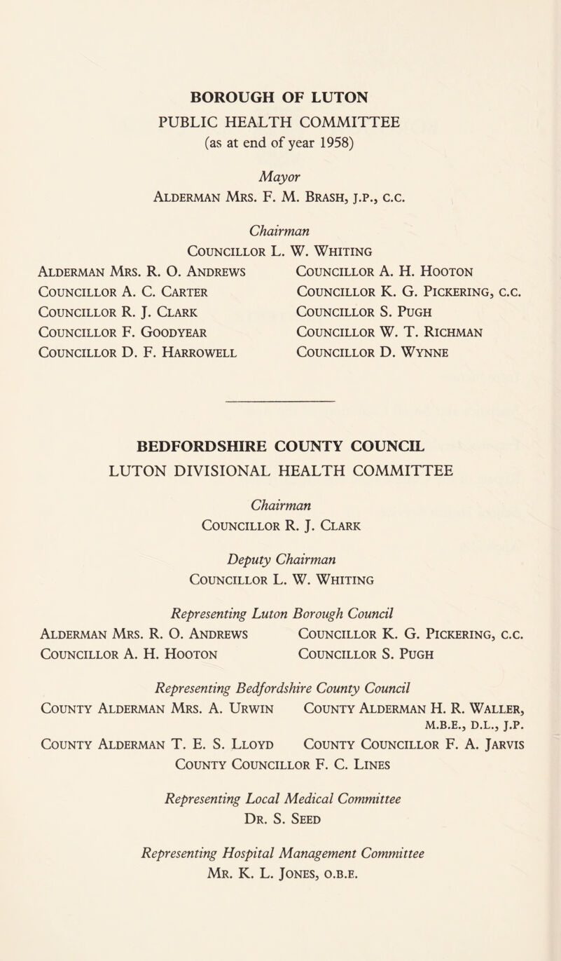 BOROUGH OF LUTON PUBLIC HEALTH COMMITTEE (as at end of year 1958) Mayor Alderman Mrs. F. M. Brash, j.p., c.c. Chairman Councillor L. W. Whiting Alderman Mrs. R. O. Andrews Councillor A. H. Hooton Councillor K. G. Pickering, c.c. Councillor S. Pugh Councillor W. T. Richman Councillor D. Wynne Councillor A. C. Carter Councillor R. J. Clark Councillor F. Goodyear Councillor D. F. Harrowell BEDFORDSHIRE COUNTY COUNCIL LUTON DIVISIONAL HEALTH COMMITTEE Chairman Councillor R. J. Clark Deputy Chairman Councillor L. W. Whiting Representing Luton Borough Council Councillor K. G. Pickering, c.c. Councillor S. Pugh Alderman Mrs. R. O. Andrews Councillor A. H. Hooton Representing Bedfordshire County Council County Alderman Mrs. A. Urwin County Alderman H. R. Waller, M.B.E., D.L., J.P. County Alderman T. E. S. Lloyd County Councillor F. A. Jarvis County Councillor F. C. Lines Representing Local Medical Committee Dr. S. Seed Representing Hospital Management Committee Mr. K. L. Jones, o.b.e.