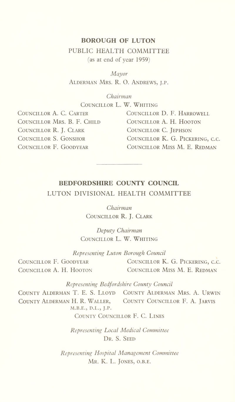 BOROUGH OF LUTON PUBLIC HEALTH COMMITTEE (as at end of year 1959) Mayor Alderman Mrs. R. O. Andrews, j.p. Chairman Councillor Councillor A. C. Carter Councillor Mrs. B. F. Child Councillor R. J. Clark Councillor S. Gonsiior Councillor F. Goodyear L. W. Whiting Councillor D. F. Harrowell Councillor A. H. Hooton Councillor C. Jephson Councillor K. G. Pickering, c.c. Councillor Miss M. E. Redman BEDFORDSHIRE COUNTY COUNCIL LUTON DIVISIONAL HEALTH COMMITTEE Chairman Councillor R. J. Clark Deputy Chairman Councillor L. W. Whiting Representing Luton Borough Council Councillor F. Goodyear Councillor K. G. Pickering, c.c. Councillor A. H. Hooton Councillor Miss M. E. Redman Representing Bedfordshire County Council County Alderman T. E. S. Lloyd County Alderman Mrs. A. Urwin County Alderman H. R. Waller, County Councillor F. A. Jarvis M.B.E., D.L., J.P. County Councillor F. C. Lines Representing Local Medical Committee Dr. S. Seed Representing Hospital Management Committee Mr. K. L. Jones, o.b.e.