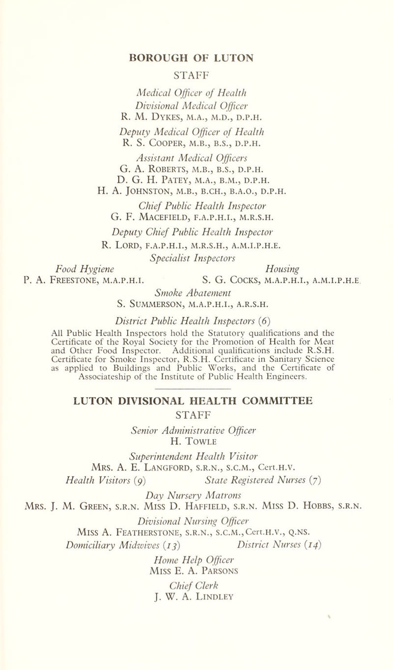 STAFF Medical Officer of Health Divisional Medical Officer R. M. Dykes, m.a., m.d., d.p.h. Deputy Medical Officer of Health R. S. Cooper, m.b., b.s., d.p.h. Assistant Medical Officers G. A. Roberts, m.b., b.s., d.p.h. D. G. H. PATEY, M.A., B.M., D.P.H. H. A. Johnston, m.b., b.ch., b.a.o., d.p.h. Chief Public Health Inspector G. F. MACEFIELD, F.A.P.H.I., M.R.S.H. Deputy Chief Public Health Inspector R. Lord, f.a.p.h.i., m.r.s.h., a.m.i.p.h.e. Specialist Inspectors Food Hygiene Housing P. A. Freestone, m.a.p.h.i. S. G. Cocks, m.a.p.h.i., a.m.i.p.h.e Smoke Abatement S. Summerson, m.a.p.h.i., a.r.s.h. District Public Health Inspectors (6) All Public Health Inspectors hold the Statutory qualifications and the Certificate of the Royal Society for the Promotion of Health for Meat and Other Food Inspector. Additional qualifications include R.S.H. Certificate for Smoke Inspector, R.S.H. Certificate in Sanitary Science as applied to Buildings and Public Works, and the Certificate of Associateship of the Institute of Public Health Engineers. LUTON DIVISIONAL HEALTH COMMITTEE STAFF Senior Administrative Officer H. Towle Superintendent Health Visitor Mrs. A. E. Langford, s.r.n., s.c.m., Cert.H.v. Health Visitors (9) State Registered Nurses (7) Day Nursery Matrons Mrs. J. M. Green, s.r.n. Miss D. Haffield, s.r.n. Miss D. Hobbs, s.r.n. Divisional Nursing Officer Miss A. Featherstone, s.r.n., s.c.m.,Cert.H.v., q.ns. Domiciliary Midwives (if) District Nurses (14) Home Help Officer Miss E. A. Parsons Chief Clerk J. W. A. Lindley