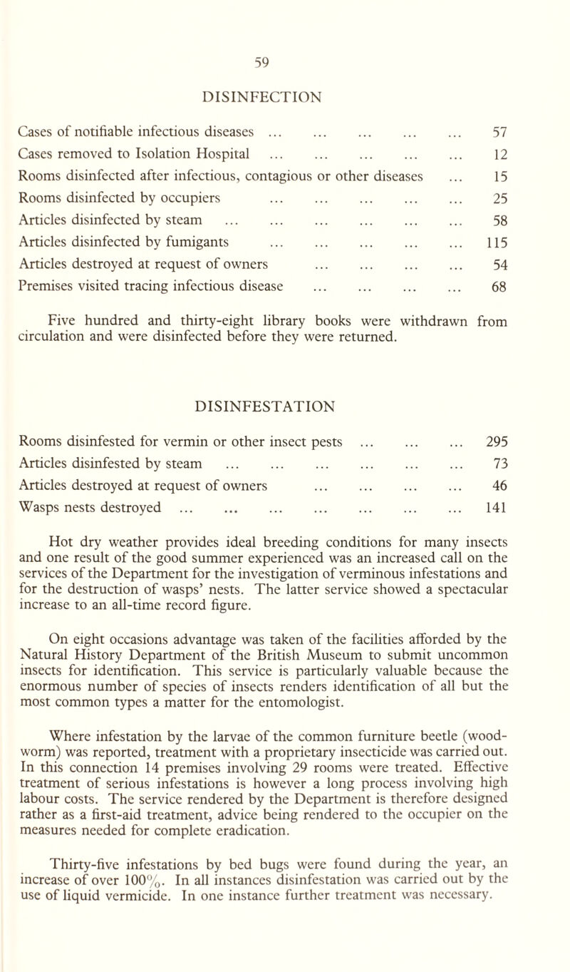 DISINFECTION Cases of notifiable infectious diseases. 57 Cases removed to Isolation Hospital ... ... ... ... ... 12 Rooms disinfected after infectious, contagious or other diseases ... 15 Rooms disinfected by occupiers . 25 Articles disinfected by steam . 58 Articles disinfected by fumigants . 115 Articles destroyed at request of owners . 54 Premises visited tracing infectious disease . 68 Five hundred and thirty-eight library books were withdrawn from circulation and were disinfected before they were returned. DISINFESTATION Rooms disinfested for vermin or other insect pests ... ... ... 295 Articles disinfested by steam . 73 Articles destroyed at request of owners . 46 Wasps nests destroyed . 141 Hot dry weather provides ideal breeding conditions for many insects and one result of the good summer experienced was an increased call on the services of the Department for the investigation of verminous infestations and for the destruction of wasps’ nests. The latter service showed a spectacular increase to an all-time record figure. On eight occasions advantage was taken of the facilities afforded by the Natural History Department of the British Museum to submit uncommon insects for identification. This service is particularly valuable because the enormous number of species of insects renders identification of all but the most common types a matter for the entomologist. Where infestation by the larvae of the common furniture beetle (wood¬ worm) was reported, treatment with a proprietary insecticide was carried out. In this connection 14 premises involving 29 rooms were treated. Effective treatment of serious infestations is however a long process involving high labour costs. The service rendered by the Department is therefore designed rather as a first-aid treatment, advice being rendered to the occupier on the measures needed for complete eradication. Thirty-five infestations by bed bugs were found during the year, an increase of over 100%. In all instances disinfestation was carried out by the use of liquid vermicide. In one instance further treatment was necessary.
