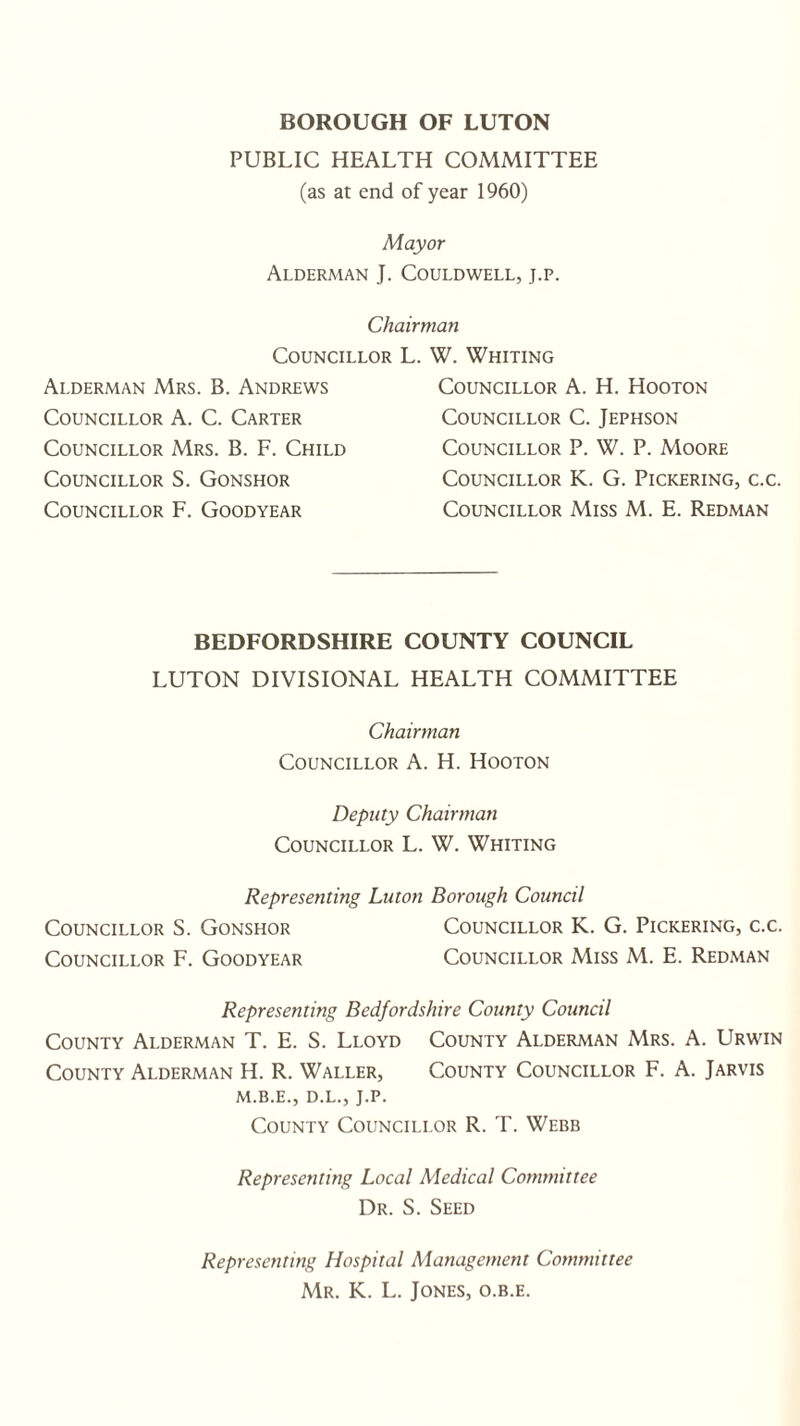 BOROUGH OF LUTON PUBLIC HEALTH COMMITTEE (as at end of year 1960) Mayor Alderman J. Couldwell, j.p. Chairman Councillor L. W. Whiting Councillor S. Gonshor Councillor F. Goodyear Alderman Mrs. B. Andrews Councillor A. C. Carter Councillor Mrs. B. F. Child Councillor A. H. Hooton Councillor C. Jephson Councillor P. W. P. Moore Councillor K. G. Pickering, c.c. Councillor Miss M. E. Redman BEDFORDSHIRE COUNTY COUNCIL LUTON DIVISIONAL HEALTH COMMITTEE Chairman Councillor A. H. Hooton Deputy Chairman Councillor L. W. Whiting Representing Luton Borough Council Councillor K. G. Pickering, c.c. Councillor Miss M. E. Redman Councillor S. Gonshor Councillor F. Goodyear Representing Bedfordshire County Council County Alderman T. E. S. Lloyd County Alderman Mrs. A. Urwin County Alderman H. R. Waller, County Councillor F. A. Jarvis M.B.E., D.L., J.P. County Councillor R. T. Webb Representing Local Medical Committee Dr. S. Seed Representing Hospital Management Committee Mr. K. L. Jones, o.b.e.