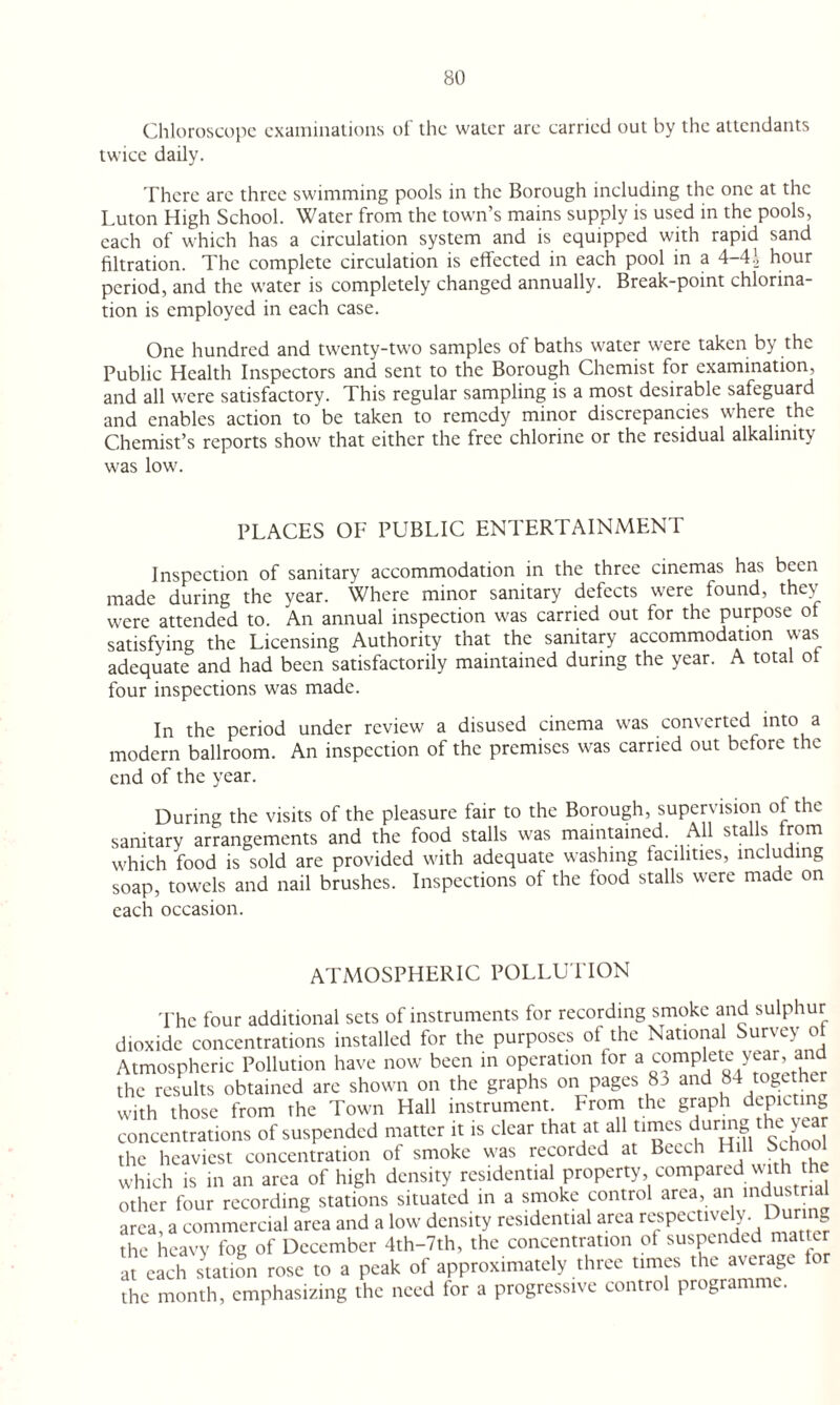 Chloroscope examinations of the water are carried out by the attendants twice daily. There arc three swimming pools in the Borough including the one at the Luton High School. Water from the town’s mains supply is used in the pools, each of which has a circulation system and is equipped with rapid sand filtration. The complete circulation is effected in each pool in a 4-4.1 hour period, and the water is completely changed annually. Break-point chlorina¬ tion is employed in each case. One hundred and twenty-two samples of baths water were taken by the Public Health Inspectors and sent to the Borough Chemist for examination, and all were satisfactory. This regular sampling is a most desirable safeguard and enables action to be taken to remedy minor discrepancies where the Chemist’s reports show that either the free chlorine or the residual alkalinity was low. PLACES OF PUBLIC ENTERTAINMENT Inspection of sanitary accommodation in the three cinemas has been made during the year. Where minor sanitary defects were found, they were attended to. An annual inspection was carried out for the purpose ot satisfying the Licensing Authority that the sanitary accommodation was adequate and had been satisfactorily maintained during the year. A total ol four inspections was made. In the period under review a disused cinema was com erted into a modern ballroom. An inspection of the premises was carried out before the end of the year. During the visits of the pleasure fair to the Borough, supervision ol the sanitary arrangements and the food stalls was maintained. All stalls from which food is sold are provided with adequate washing facilities, including soap, towels and nail brushes. Inspections of the food stalls were made on each occasion. ATMOSPHERIC POLLU TION The four additional sets of instruments for recording smoke and sulphur dioxide concentrations installed for the purposes of the National Survey ol Atmospheric Pollution have now been in operation for a complete the results obtained are shown on the graphs on pages 83 and 84 together with those from the Town Hall instrument. From the graph deputing concentrations of suspended matter it is clear that at all times during the > ear the heaviest concentration of smoke was recorded at Bccch Hill School which is in an area of high density residential property compared with h other four recording stations situated in a smoke control area, an mdustr area, a commercial area and a low density residential area respectively. During the heavy fog of December 4th-7th, the concentration ot suspended matter at each station rose to a peak of approximately three times the average tor the month, emphasizing the need for a progressive control programme.