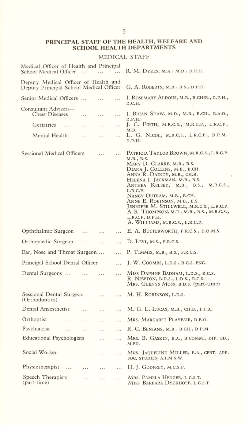 PRINCIPAL STAFF OF THE HEALTH, WELFARE AND SCHOOL HEALTH DEPARTMENTS MEDICAL STAFF Medical Officer of Health and Principal School Medical Officer ... Deputy Medical Officer of Health and Deputy Principal School Medical Officer Senior Medical Officers ... Consultant Advisers— Chest Diseases Geriatrics Mental Health Sessional Medical Officers Opththalmic Surgeon Orthopaedic Surgeon Ear, Nose and Throat Surgeon ... Principal School Dental Officer Dental Surgeons ... Sessional Dental Surgeon (Orthodontics) Dental Anaesthetist Orthoptist Psychiatrist Educational Psychologists Social Worker Physiotherapist Speech Therapists (part-time) R. M. Dykes, m.a., m.d., d.p.h. G. A. Roberts, m.b., b.s., d.p.h. I. Rosemary Aldous, m.b., b.chir., d.p.h., D.C.H. J. Brian Shaw, m.d., m.b., b.ch., b.a.o., D. P.H. J. C. Firth, m.r.c.s., m.r.c.p., l.r.c.p., M.B. L. G. Nicol, m.r.c.s., l.r.c.p., d.p.m. d.p.h. Patricia Taylor Brown, m.r.c.s., l.r.c.p. M. B., B.s. Mary D. Clarke, m.b., b.s. Diana J. Collins, m.b., b.ch. Anna R. Dainty, m.b., ch.b. Helena J. Jackman, m.b., b.s. Anthea Kelsey, m.b., b.s., m.r.c.s., L.R.C.P. Nancy Outram, m.b., b.ch. Anne E. Robinson, m.b., b.s. Jennifer M. Stillwell, m.r.c.s., l.r.c.p. A. R. Thompson, M.D., M.B., b.s., m.r.c.s., L. R.C.P, D.P.H. A. Williams, m.r.c.s., l.r.c.p. E. A. Butterworth, f.r.c.s., d.o.m.s. D. Levi, m.s., f.r.c.s. P. TiMMIS, M.B., B.S., F.R.C.S. J. W. Coombs, l.d.s., r.c.s. eng. Miss Daphne Badham, l.d.s., r.c.s. R. Newton, b.d.s., l.d.s., r.c.s. Mrs. Glenys Moss, b.d.s. (part-time) M. H. Robinson, l.d.s. M. G. L. Lucas, m.b., ch.b., f.f.a. Mrs. Margaret Playfair, d.b.o. R. C. Benians, m.b., b.ch., d.p.m. Mrs. B. Gaskin, b.a., b.comm., dip. ed., m.ed. Mrs. Jaqueline Miller, b.a., cert. app. soc. studies, a.i.m.s.w. H. J. Godfrey, m.c.s.p. Mrs. Pamela Hedger, l.c.s.t. Miss Barbara Dyckhoff, l.c.s.t.