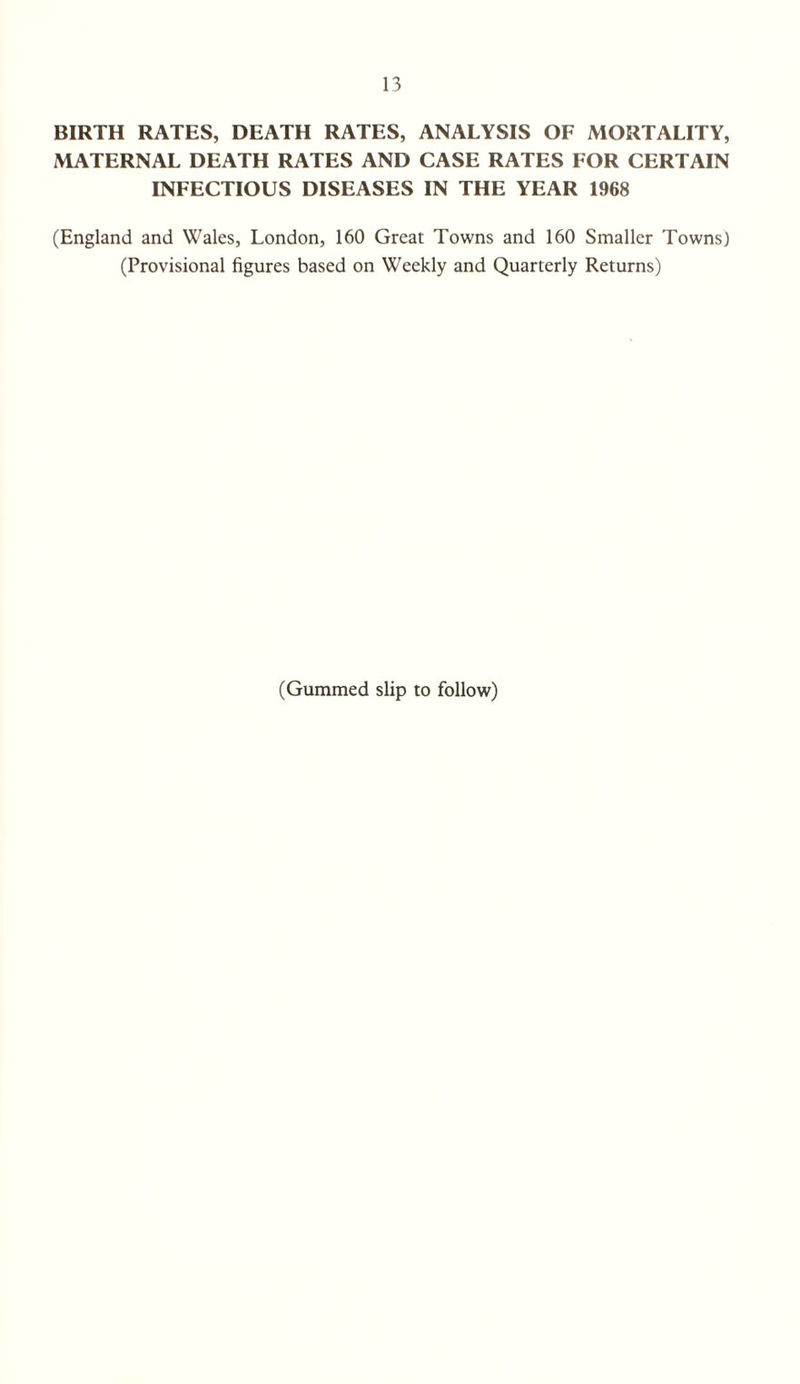 BIRTH RATES, DEATH RATES, ANALYSIS OF MORTALITY, MATERNAL DEATH RATES AND CASE RATES FOR CERTAIN INFECTIOUS DISEASES IN THE YEAR 1968 (England and Wales, London, 160 Great Towns and 160 Smaller Towns) (Provisional figures based on Weekly and Quarterly Returns) (Gummed slip to follow)