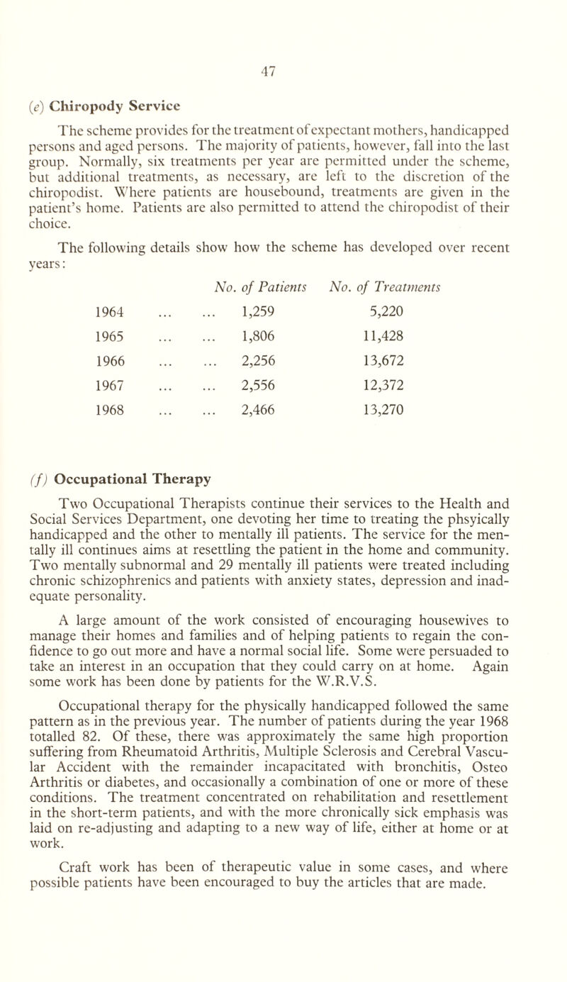 (e) Chiropody Service The scheme provides for the treatment of expectant mothers, handicapped persons and aged persons. The majority of patients, however, fall into the last group. Normally, six treatments per year are permitted under the scheme, but additional treatments, as necessary, are left to the discretion of the chiropodist. Vfhere patients are housebound, treatments are given in the patient’s home. Patients are also permitted to attend the chiropodist of their choice. The following details show how the scheme has developed over recent years: No. of Patients No. of Treatments 1964 1,259 5,220 1965 1,806 11,428 1966 2,256 13,672 1967 2,556 12,372 1968 2,466 13,270 (f) Occupational Therapy Two Occupational Therapists continue their services to the Health and Social Services Department, one devoting her time to treating the phsyically handicapped and the other to mentally ill patients. The service for the men¬ tally ill continues aims at resettling the patient in the home and community. Two mentally subnormal and 29 mentally ill patients were treated including chronic schizophrenics and patients with anxiety states, depression and inad¬ equate personality. A large amount of the work consisted of encouraging housewives to manage their homes and families and of helping patients to regain the con¬ fidence to go out more and have a normal social life. Some were persuaded to take an interest in an occupation that they could carry on at home. Again some work has been done by patients for the W.R.V.S. Occupational therapy for the physically handicapped followed the same pattern as in the previous year. The number of patients during the year 1968 totalled 82. Of these, there was approximately the same high proportion suffering from Rheumatoid Arthritis, Multiple Sclerosis and Cerebral Vascu¬ lar Accident with the remainder incapacitated with bronchitis, Osteo Arthritis or diabetes, and occasionally a combination of one or more of these conditions. The treatment concentrated on rehabilitation and resettlement in the short-term patients, and with the more chronically sick emphasis was laid on re-adjusting and adapting to a new way of life, either at home or at work. Craft work has been of therapeutic value in some cases, and where possible patients have been encouraged to buy the articles that are made.