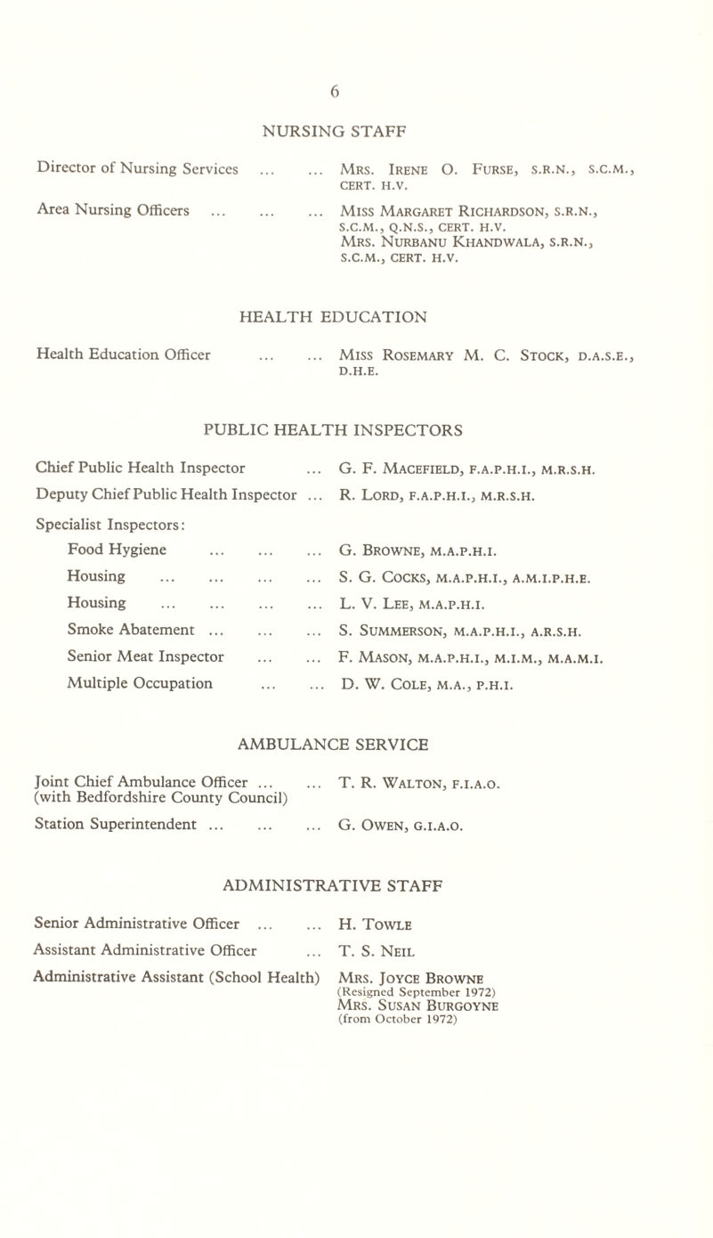 NURSING STAFF Director of Nursing Services . Mrs. Irene O. Furse, s.r.n., s.c.m., cert. H.V. Area Nursing Officers . Miss Margaret Richardson, s.r.n., S.C.M., Q.N.S., CERT. H.V. Mrs. Nurbanu Khandwala, s.r.n., S.C.M., CERT. H.V. HEALTH EDUCATION Health Education Officer . Miss Rosemary M. C. Stock, d.a.s.e., d.h.e. PUBLIC HEALTH INSPECTORS Chief Public Health Inspector Deputy Chief Public Health Inspector ... Specialist Inspectors: Food Hygiene . Housing . . Housing Smoke Abatement ... Senior Meat Inspector Multiple Occupation . G. F. Macefield, f.a.p.h.i., m.r.s.h. R. Lord, f.a.p.h.i., m.r.s.h. G. Browne, m.a.p.h.i. S. G. Cocks, m.a.p.h.i., a.m.i.p.h.e. L. V. Lee, m.a.p.h.i. S. SUMMERSON, M.A.P.H.I., A.R.S.H. F. Mason, m.a.p.h.i., m.i.m., m.a.m.i. D. W. Cole, m.a., p.h.i. AMBULANCE SERVICE Joint Chief Ambulance Officer. T. R. Walton, f.i.a.o. (with Bedfordshire County Council) Station Superintendent ... ... ... G. Owen, g.i.a.o. ADMINISTRATIVE STAFF Senior Administrative Officer ... ... H. Towle Assistant Administrative Officer ... T. S. Neil Administrative Assistant (School Health) Mrs. Joyce Browne (Resigned September 1972) Mrs. Susan Burgoyne (from October 1972)