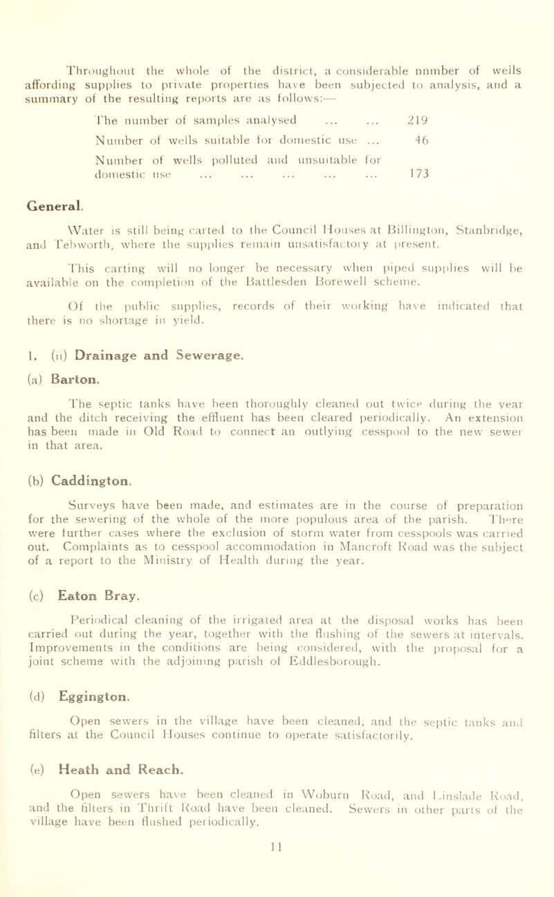 Throughout the whole of the district, a considerable nnmber of wells affording supplies to private properties have been subjected to analysis, and a summary of the resulting reports are as follows:-— The number of samples analysed Number of wells suitable for domestic use ... Number of wells polluted and unsuitable for domestic use 219 46 173 General. Water is still being carted to the Council Houses at Billington, Stanbridge, and Tebworth, where the supplies remain unsatisfactory at present. This carting will no longer be necessary when piped supplies will lie available on the completion of the Battlesden Borewell scheme. Of the public supplies, records of their working have indicated that there is no shortage in yield. 1. (li) Drainage and Sewerage. (a) Barton. The septic tanks have been thoroughly cleaned out twice during the year and the ditch receiving the effluent has been cleared periodically. An extension has been made in Old Road to connect an outlying cesspool to the new sewer in that area. (b) Caddington. Surveys have been made, and estimates are in the course of preparation for the sewering of the whole of the more populous area of the parish. T here were further cases where the exclusion of storm water from cesspools was carried out. Complaints as to cesspool accommodation in Mancroft Road was the subject of a report to the Ministry of Health during the year. (c) Eaton Bray. Periodical cleaning of the irrigated area at the disposal works has been carried out during the year, together with the flushing of the sewers at intervals. Improvements in the conditions are being considered, with the proposal for a joint scheme with the adjoining parish of Eddlesborough. (d) Eggington. Open sewers in the village have been cleaned, and the septic tanks and filters at the Council Houses continue to operate satisfactorily. (e) Heath and Reach. Open sewers have been cleaned in Woburn Road, and Linslade Road, and the fillers in Thrift Road have been cleaned. Sewers in other parts of the village have been flushed periodically.