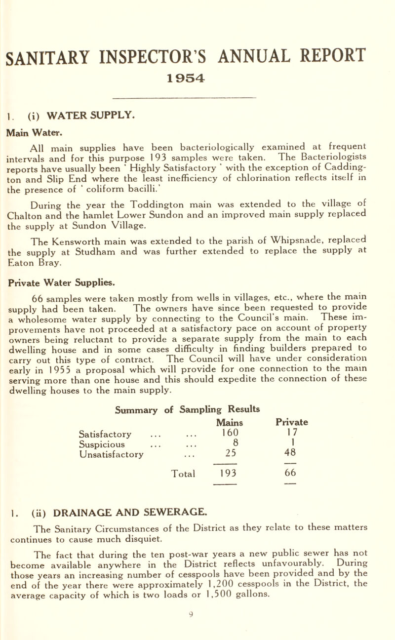 SANITARY INSPECTOR S ANNUAL REPORT 1954 1. (i) WATER SUPPLY. Main Water. All main supplies have been bacteriologically examined at frequent intervals and for this purpose 193 samples were taken. The Bacteriologists reports have usually been ‘ Highly Satisfactory ’ with the exception of Cadding- ton and Slip End where the least inefficiency of chlorination reflects itself in the presence of * coliform bacilli.’ During the year the Toddington main was extended to the village of Chalton and the hamlet Lower Sundon and an improved main supply replaced the supply at Sundon Village. The Kensworth main was extended to the parish of Whipsnade, replaced the supply at Studham and was further extended to replace the supply at Eaton Bray. Private Water Supplies. 66 samples were taken mostly from wells in villages, etc., where the main supply had been taken. The owners have since been requested to provide a wholesome water supply by connecting to the Council s main. These im¬ provements have not proceeded at a satisfactory pace on account of property owners being reluctant to provide a separate supply from the main to each dwelling house and in some cases difficulty in finding builders prepared to carry out this type of contract. The Council will have under consideration early in 193 5 a proposal which will provide for one connection to the main serving more than one house and this should expedite the connection of these dwelling houses to the main supply. Summary of Sampling Results Satisfactory Mains 160 Private 17 Suspicious . . • 8 1 48 Unsatisfactory 25 Total 193 66 1. (ii) DRAINAGE AND SEWERAGE. The Sanitary Circumstances of the District as they relate to these matters continues to cause much disquiet. The fact that during the ten post-war years a new public sewer has not become available anywhere in the District reflects unfavourably. During those years an increasing number of cesspools have been provided and by the end of the year there were approximately 1,200 cesspools in the District, the average capacity of which is two loads or 1,500 gallons.
