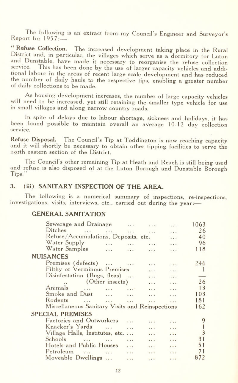 The following is an extract from my Council s Engineer and Surveyor’s Report for 195 7.— Refuse Collection. The increased development taking place in the Rural District and, in particular, the villages which serve as a dormitory for Luton and Dunstable, have made it necessary to reorganise the refuse collection service. This has been done by the use of larger capacity vehicles and addi¬ tional labour in the areas of recent large scale development and has reduced the number of daily hauls to the respective tips, enabling a greater number of daily collections to be made. As housing development increases, the number of large capacity vehicles will need to be increased, yet still retaining the smaller type vehicle for use in small villages and along narrow country roads. In spite of delays due to labour shortage, sickness and holidays, it has been found possible to maintain overall an average 10-12 day collection service. Re» use Disposal. The Council s Tip at Toddington is now reaching capacity and it will shortly be necessary to obtain other tipping facilities to serve the north eastern section of the District. The Council’s other remaining Tip at Heath and Reach is still being used and refuse is also disposed of at the Luton Borough and Dunstable Borough Tips.’ 3. (iii) SANITARY INSPECTION OF THE AREA. The following is a numerical summary of inspections, re-inspections, investigations, visits, interviews, etc., carried out during the year:— GENERAL SANITATION Sewerage and Drainage 1063 Ditches 26 Refuse/Accumulations, Deposits, etc. 40 Water Supply 96 Water Samples 1 18 5ANCES Premises (defects) 246 Filthy or Verminous Premises 1 Disinfestation (Bugs, fleas) — ,, (Other insects) 26 Animals 13 Smoke and Dust 103 Rodents 181 Miscellaneous Sanitary Visits and Reinspections 162 SPECIAL PREMISES Factories and Outworkers ... ... ... 9 Knacker’s Yards ... ... ... ... 1 Village Halls, Institutes, etc. ... ... ... 3 Schools ... ... ... ... ... 31 Hotels and Public Houses ... ... ... 51 Petroleum ... ... ... ... ... 71 Moveable Dwellings ... ... ... ... 872
