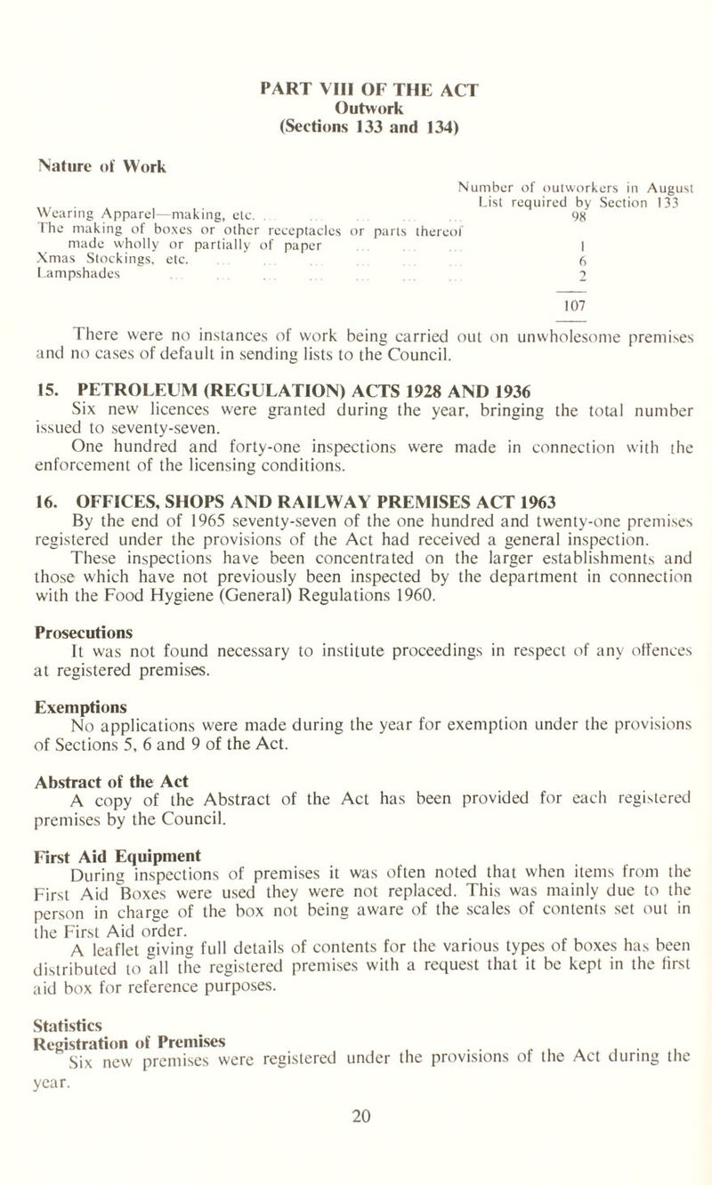 PART VIII OF THE ACT Outwork (Sections 133 and 134) Mature of Work Wearing Apparel—making, etc. The making of boxes or other receptacles made wholly or partially of paper Xmas Stockings, etc. Lampshades Number of outworkers in August List required by Section 133 98 or parts thereof 6 107 There were no instances of work being carried out on unwholesome premises and no cases of default in sending lists to the Council. 15. PETROLEUM (REGULATION) ACTS 1928 AND 1936 Six new licences were granted during the year, bringing the total number issued to seventy-seven. One hundred and forty-one inspections were made in connection with the enforcement of the licensing conditions. 16. OFFICES, SHOPS AND RAILWAY PREMISES ACT 1963 By the end of 1965 seventy-seven of the one hundred and twenty-one premises registered under the provisions of the Act had received a general inspection. These inspections have been concentrated on the larger establishments and those which have not previously been inspected by the department in connection with the Food Hygiene (General) Regulations 1960. Prosecutions It was not found necessary to institute proceedings in respect of any offences at registered premises. Exemptions No applications were made during the year for exemption under the provisions of Sections 5, 6 and 9 of the Act. Abstract of the Act A copy of the Abstract of the Act has been provided for each registered premises by the Council. First Aid Equipment During inspections of premises it was often noted that when items from the First Aid Boxes were used they were not replaced. This was mainly due to the person in charge of the box not being aware of the scales of contents set out in the First Aid order. A leaflet giving full details of contents for the various types of boxes has been distributed to all the registered premises with a request that it be kept in the first aid box for reference purposes. Statistics Registration of Premises Six new premises were registered under the provisions of the Act during the year.