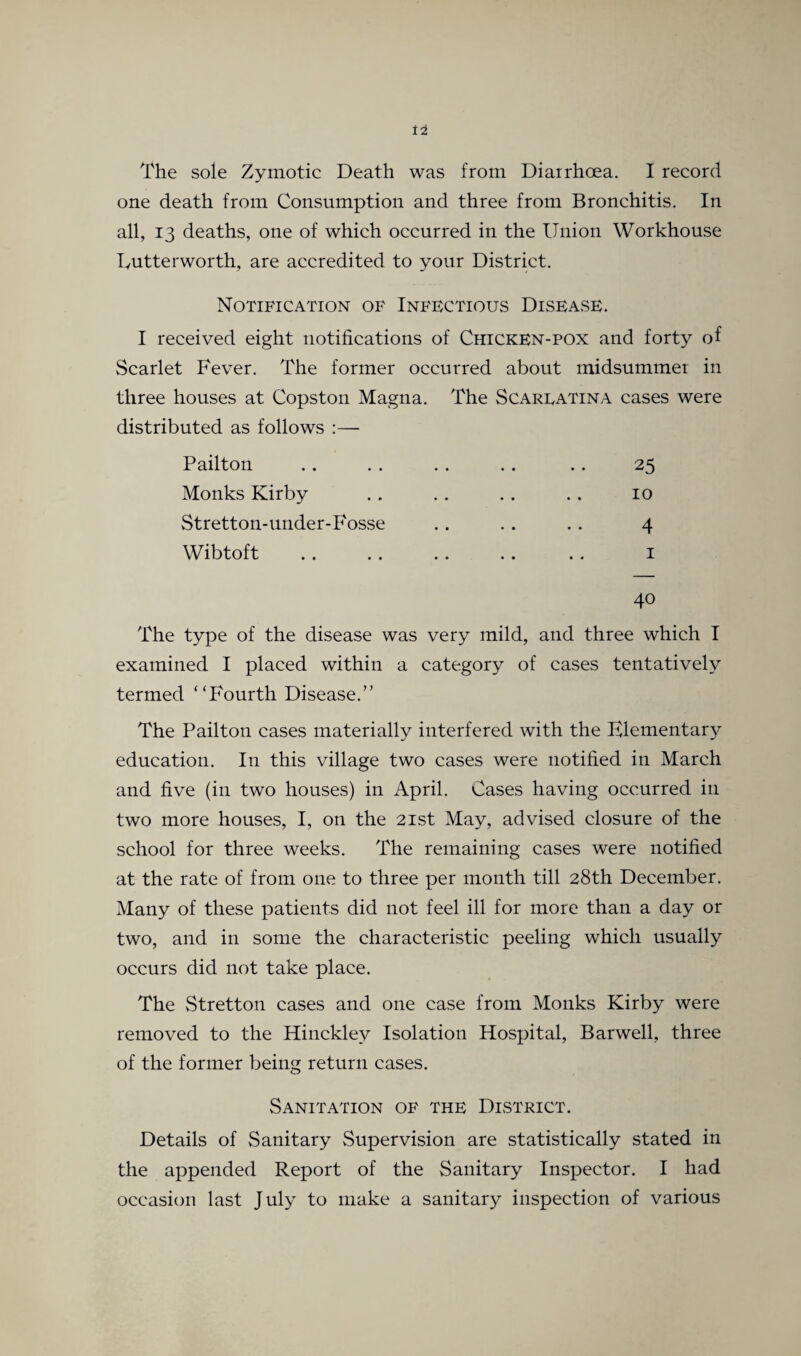 The sole Zymotic Death was from Diarrhoea. I record one death from Consumption and three from Bronchitis. In all, 13 deaths, one of which occurred in the Union Workhouse Lutterworth, are accredited to your District. Notification of Infectious Disease. I received eight notifications of Chicken-pox and forty of Scarlet Fever. The former occurred about midsummer in three houses at Copston Magna. The Scareatina cases were distributed as follows :— Pailton Monks Kirby Stretton-under-Fosse Wibtoft 25 10 4 1 40 The type of the disease was very mild, and three which I examined I placed within a category of cases tentatively termed “Fourth Disease.” The Pailton cases materially interfered with the Elementary education. In this village two cases were notified in March and five (in two houses) in April. Cases having occurred in two more houses, I, on the 21st May, advised closure of the school for three weeks. The remaining cases were notified at the rate of from one to three per month till 28th December. Many of these patients did not feel ill for more than a day or two, and in some the characteristic peeling which usually occurs did not take place. The Stretton cases and one case from Monks Kirby were removed to the Hinckley Isolation Hospital, Barwell, three of the former being return cases. Sanitation of the District. Details of Sanitary Supervision are statistically stated in the appended Report of the Sanitary Inspector. I had occasion last July to make a sanitary inspection of various