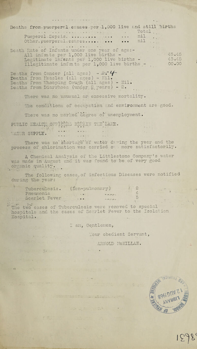 Deaths from.puerperal causes-per 1,000 live and stifl births . .. , . . -v . Total , Pueperal•Sepsis, . . .. ... . . . nil Other, puerperal, causes . . .. ... nil . . 45.45 45.45 00.00 Death Date of Infants under one year of age c - All infants per 1,000 live births - Legitimate infant's per 1,000 live births - Illegitimate infants per 1,000 live births - Deaths from Cancer fall ages) - L(~' Deaths from Measles (all ages) - Mil. Deaths from V/hooping Cough (all ages) - Nil. Deaths from Diarrhoea (under 2 years) - 2. v * ** . * t • There was no unusual or excessive mortality. The conditions of occupation and environment are good. There was no marled’degree o£ unemployment. PUBLIC IIEALTIf;,OFFICERS REMAIN THE*'LAME. ; ' » * v» • 9- K f , , MAT1R SUPPLY. •» *■ * .-r % • , There was no' shortageof water drying the year and the process of chlorination was carried oi - more satisfactorily. A Chemical Analysis of the Littlestone Company’s water was made In August and It was found to' be of very good organic .quality. The following cases, of infectious Diseases were notified during- the-years 2 Tuberculosis . (jfon-pulmonary) Pneumonia . T ’ 4 Scarlet Fever ... 5 The two' cases of Tuberculosis were removed to special hospitals and the cases of Scarlet Fever to the Isolation Hospital. I an, Gentlemen, lour obedient Servant, Arnold McMillan. ig'jj.