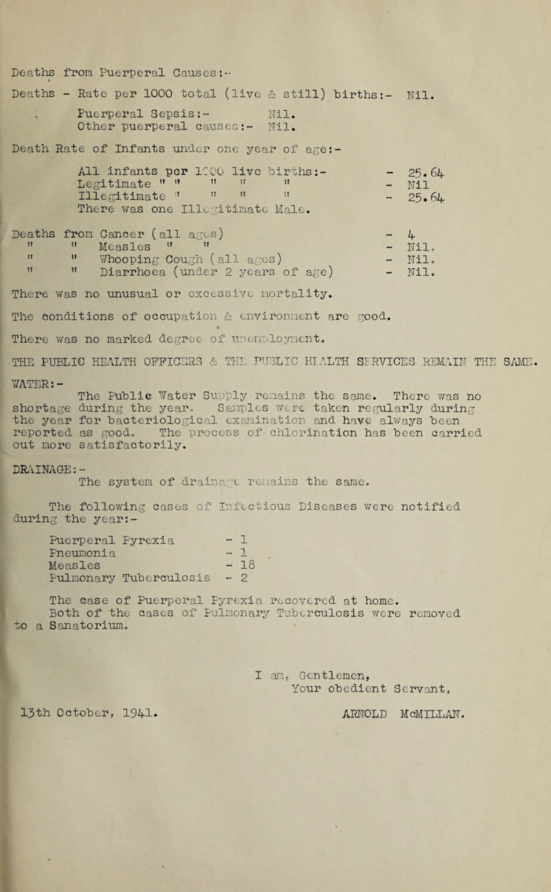 Deaths from Puerperal Causes:- i Deaths - Rate per 1000 total (live & still) births: - Nil. Puerperal Sepsis:- Nil. Other puerperal causes:- Nil. Death Rate of Infants under one year of age:- All infants per 1C00 live births:- Legitimate '* ” u (t u Illegitimate :l ” !t There was one Illegitimate Male. Deaths from Cancer (all ages) » Measles '» ” Yfhooping Cough (all ages) ” Diarrhoea (under 2 years of age) There was no unusual or excessive mortality. The conditions of occupation & environment are good. There was no marked degree of unemployment. THE PUBLIC HEALTH OFFICERS & THE PUBLIC HIALTH SERVICES REMAIN THE WATER:- The Public- Water Supply remains the same. There was no shortage during the year. Samples were taken regularly during the year for bacteriological examination and have always been reported as good. The process of chlorination has been carried out more satisfactorily. DRAINAGE:- The system of drainage remains the same. The following cases of Infectious Diseases were notified during the year:- Puerperal Pyrexia - 1 Pneumonia - 1 Measles - 18 Pulmonary Tuberculosis - 2 The case of Puerperal Pyrexia recovered at home. Both of the cases of Pulmonary Tuberculosis were removed to a Sanatorium. - 25.64 - Nil - 25.64 - 4 - Nil. - Nil. - Nil. I aia5 Gentlemen, Your obedient Servant, SAME. 13th October, 1941 ARNOLD mcmillan.