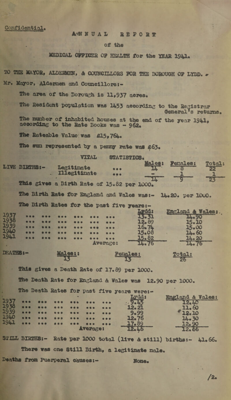 Confidential# A*N N U A L REPORT of the MEDICAL OFFICER OF HEALTH for the YEAR 1941* K> OHE MAYOR, ALDERMEN, A COUNCILLORS FOR THE BOROUGH OF LYDD. ^ ; Mr. Mayor, Aldemen and Councillors The area of the Borough is 11,937 aorea. i The Resident population waa 1453 according to the Registrar General's returns. The nunber of inhabited housee at the end of the year 1941, aooording to the Rate Books wan — 962. The Rateable Value:vaa £15,764. The aun represented by a penny rate vas £63. VITAL STATISTICS. « LIVE BIRTHSl- Legitinate IUegitinate • • • • • • Malesi Pennies: TT- —0- -_ l T3T~ ~5 Total: 1 1937 1930 1939 1940 1941 This gives a Dirth Rate of 15.82 per 1000. The Birth Rate for England and Vales vas:* 14«20. per 10u0. The Birth Rates for the past five years:— rdd: . . . ... ... ... ... • • • . . . • • • ... ... ... • • » 12.89 16.74 15.08 Average: 15.82 iC77r DEATH8:- Males:: TT Fenales: 6Pfll?nd A Valeei.. 15.10 15.00 14.60 14.20 “ “UT76- Total: 56 This gives a Death Rate of 17.89 per 1000. The Death Rate for England & Wales was 12.90 per 1000. The Death Rates for past five 1937 • 1930 ... ... ... ... ... ... 1939 ... ... ... ... ... ... 1940 ... ... ... ... ... ... 1941 Average: Lydd: ,•§•55 12.21 9.99 12.76 m England A Vales: 11.60 #12.10 14.30 12.90 >7§6- ~Tl2, STILL BIRTHS:- Rate per 1000 total (live A still) births:- 41.66, There vas one Still Birth, a legitinate nale. Deaths fron Puerperal causes:- None.
