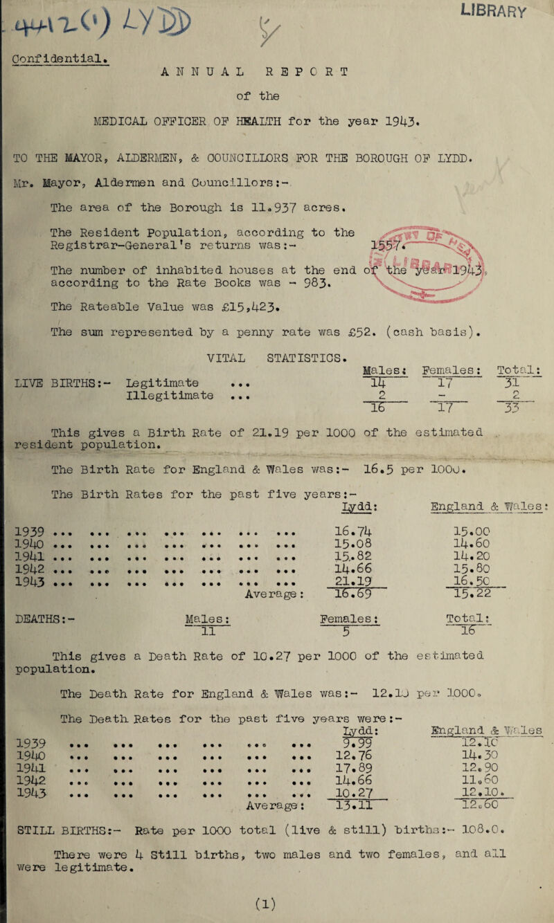library Orb\~L0) /-Yj3) Confidential. ANNUAL REPORT of the MEDICAL OFFICER OF HEALTH for the year 1943. TO THE MAYOR, ALDERMEN, & COUNCILLORS FOR THE BOROUGH OF LYDD. Mr. Mayor, Aldermen and Councillors:- The area of the Borough is 11.937 acres. The Resident Population, according to the Registrar-General’s returns was:-* The number of inhabited houses at the end according to the Rate Books was - 983. The Rateable Value was £15,423* The sum represented by a penny rate was £52. (cash basis). VITAL STATISTICS. Males; Females: Total: LIVE BIRTHS:- Legitimate 14 17 31 Illegitimate ... 2 — O C-. 16 17 33 This gives a Birth Rate of 21.19 per 1000 of the estimated resident population. The Birth Rate for England & Wales was:- 16.5 per 1000. The Birth Rates for the past five years:- Lydd: England & Wales: 1939 . 16.74 15.00 1940 . 15.08 14.60 1941 . 15.. 82 14.20 1942 . 14.66 15.80 1943 . 21.19 16.50 Average: '16.69 15.22 DEATHS:- Males: Females: Total: 11 5 ' 16 This gives a Death Rate of 10.27 per 1000 of the estimated population. The Death Rate for England & Wales was:- 12.10 per 1000< 1939 1940 1941 1942 1943 The Death Rates for the past five years were:1 Lydd; • • « • • • • • • • • • t • • ♦ • • • # • • • • • • • 9.99 12.76 17.89 14*66 10.27 13.11 England & Wales 12 .To 14.30 12.90 11.60 12 * rO* Average: 13•11 12B60 STILL BIRTHS:- Rate per 1000 total (live & still) births:- 108.0. There were 4 Still births, two males and two females, and all were legitimate. a)
