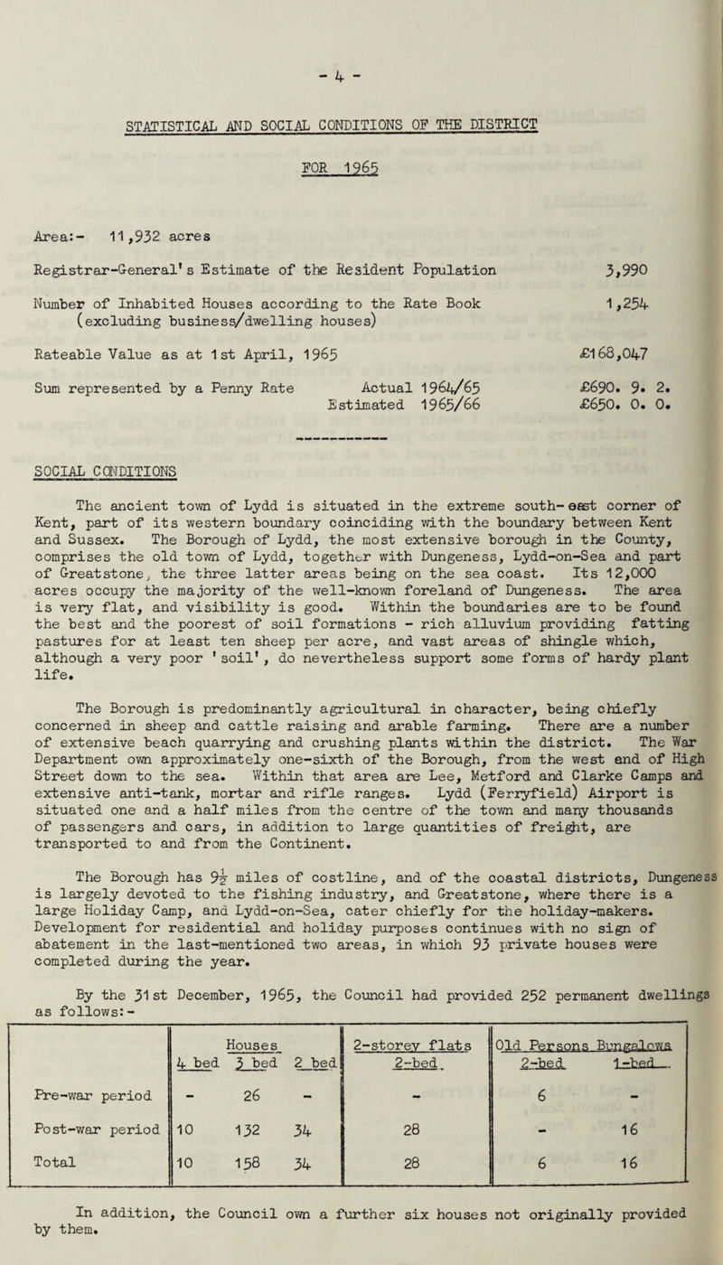 STATISTICAL AND SOCIAL CONDITIONS OF THE DISTRICT FOR 1965 Area:- 11,932 acres Registrar-General’s Estimate of the Resident Population 3,990 Number of Inhabited Houses according to the Rate Book 1,254 (excluding business/dwelling houses) Rateable Value as at 1st April, 1965 £168,047 Sum represented by a Penny Rate Actual 1964/65 £690. 9* 2. Estimated 1965/66 £650. 0. 0. SOCIAL CONDITIONS The ancient town of Lydd is situated in the extreme south-east corner of Kent, part of its western boundary coinciding with the boundary between Kent and Sussex. The Borough of Lydd, the most extensive borough in the County, comprises the old town of Lydd, together with Dungeness, Lydd-on-Sea and part of Greatstone, the three latter areas being on the sea coast. Its 12,000 acres occupy the majority of the well-known foreland of Dungeness. The area is very flat, and visibility is good. Within the boundaries are to be found the best and the poorest of soil formations - rich alluvium providing fatting pastures for at least ten sheep per acre, and vast areas of shingle which, although a very poor 'soil’, do nevertheless support some forms of hardy plant life. The Borough is predominantly agricultural in character, being chiefly concerned in sheep and cattle raising and arable farming. There are a number of extensive beach quarrying and crushing plants within the district. The War Department own approximately one-sixth of the Borough, from the west and of High Street down to the sea. Within that area are Lee, Metford and Clarke Camps and extensive anti-tank, mortar and rifle ranges. Lydd (Ferryfield) Airport is situated one and a half miles from the centre of the town and many thousands of passengers and cars, in addition to large quantities of freight, are transported to and from the Continent. The Borough has 9^ miles of costline, and of the coastal districts, Dungeness is largely devoted to the fishing industry, and Greatstone, where there is a large Holiday Camp, and Lydd-on-Sea, cater chiefly for the holiday-makers. Development for residential and holiday purposes continues with no sign of abatement in the last-mentioned two areas, in which 93 private houses were completed during the year. By the 31st December, 1965, the Council had provided 252 permanent dwellings as follows: - Houses I 2-storev flats Old Persons Bungalows. 4 bed 3 bed 2 bed 2-bed lrbed— Pre-war period - 26 - - 6 - Post-war period 10 132 34 28 - 16 Total 10 158 34 28 6 16 In addition, the Council own a further six houses not originally provided by them.