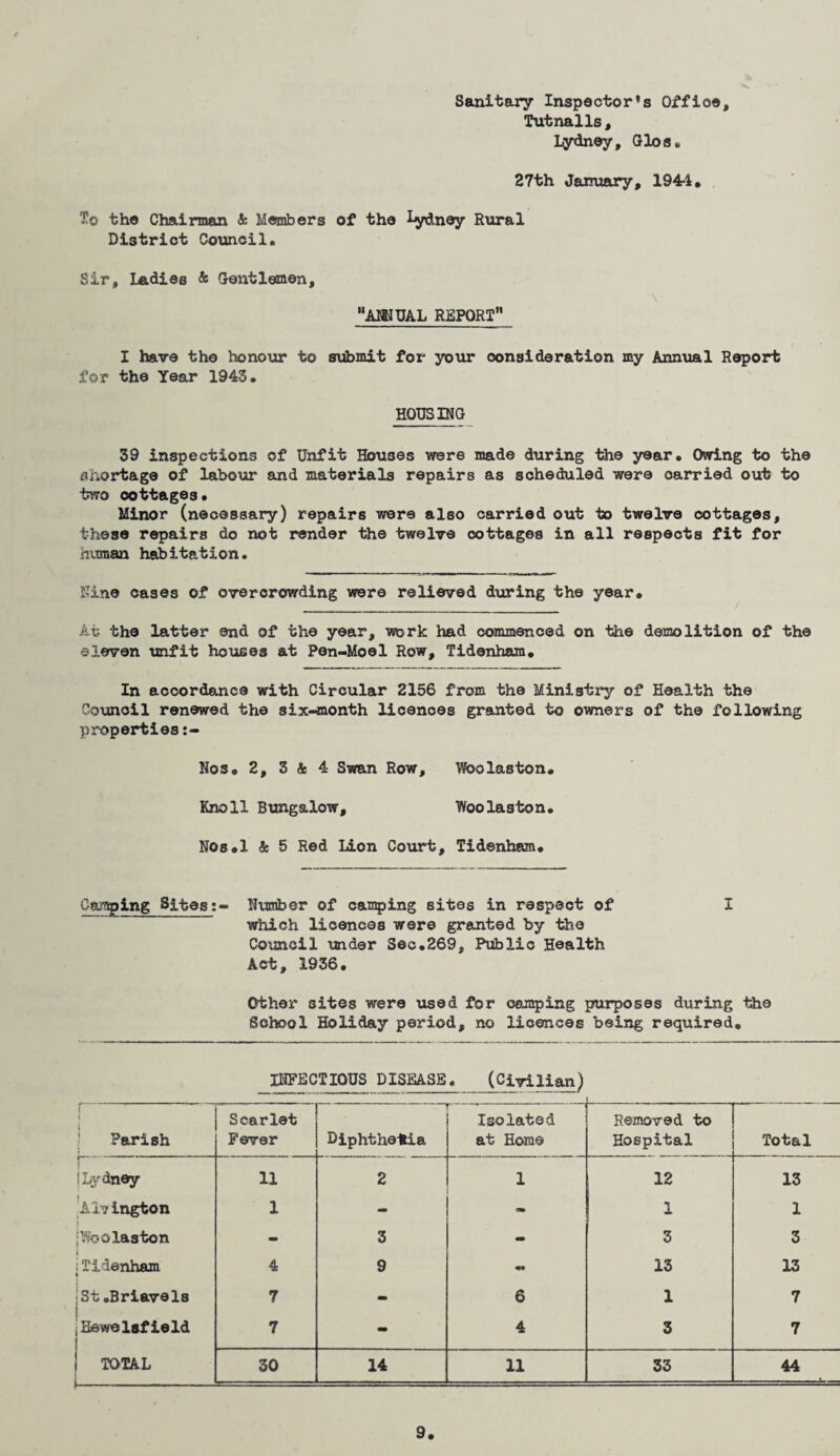 Sanitary Inspector's Offioe, Tutnalls , Lydney, Glos, 27th January, 194-4, To the Chairman & Members of the iydney Rural District Council, Sir, Ladies & Gentlemen, “ANNUAL REPORT I have the honour to submit for your consideration my Annual Report for the Year 1943, HOUSING 39 inspections of Unfit Houses were made during the year. Owing to the shortage of labour and materials repairs as scheduled were carried out to two cottages. Minor (necessary) repairs were also carried out to twelve cottages, these repairs do not render the twelve cottages in all respects fit for iiuman habitation. Nine cases of overcrowding were relieved during the year. At the latter end of the year, work had commenced on the demolition of the eleven unfit houses at Pen-Moel Row, Tidenham, In accordance with Circular 2156 from the Ministry of Health the Council renewed the six-month licences granted to owners of the following properties Nos, 2, 3 & 4 Swan Row, Woolaston, Knoll Bungalow, Woolaston. Nos.l & 5 Red Lion Court, Tidenham. (temping Sites:- Number of camping sites in respect of I which licences were granted by the Council under Sec.269, Public Health Act, 1936, Other sites were used for camping purposes during the School Holiday period, no licences being required. INFECTIOUS DISEASE, (Civilian) 1---- ( Parish Scarlet Fever Diphtheria Isolated at Home Removed to Hospital Total r~ I Lydney 11 2 1 j 12 13 I Alv ington 1 - 1 1 'Woolaston - 3 - 3 3 i i Tidenham 4 9 -• 13 13 1 • St .Briavels 7 - 6 1 7 jHewelafield I 7 - 4 3 7 ! TOTAL i_ 30 14 11 33 44