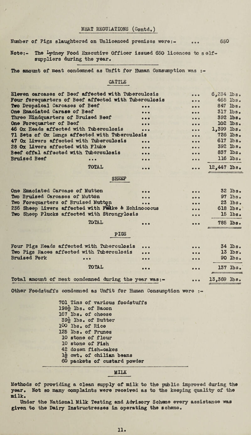 MEAT REGULATIONS (C0ntd.) Number of Pigs slaughtered on Unlicenced premises were:- •,, 650 Note:- The lydney Food Executive Officer issued 650 licences to self¬ suppliers during the year. The amount of meat condemned as Unfit for Human Consumption was CATTLE Eleven oarcases of Beef affected with Tuberoulosis Four forequarters of Beef affected with Tuberculosis Two Dropsical Carcases of Beef ... One Emaciated Carase of Beef ... Three Hindquarters of Bruised Beef ... One Forequarter of Beef ... 46 Ox Heads affeoted with Tuberoulosis ... 71 Sets of Ox Lungs affected with Tuberculosis 47 Ox Livers affected with Tuberculosis ... 28 Ox Livers affected with Fluke ... Beef offal affected with Tuberoulosis ... Bruised Beef ... ... 6,234 lbs. 468 lbs. 847 lbs. 317 lbs. 392 lbs. 102 lbs. 1,399 lbs. 726 lbs. 617 lbs. 392 lbs. 837 lbs. 116 lbs. TOTAL • • • • • • 12,447 lbs. SHEEP One Emaciated Carcase of Mutton • • • • • 9 32 lbs. Two Bruised Carcases of Mutton • • • • « ft 97 lbs. Two Forequarters of Bruised Mutton • • • • • • 23 lbs . 236 Sheep Livers affected with Faake & Echinococus • • • 618 lbs. Two Sheep Plucks affected with Strongylosis a • • 15 lbs. TOTAL • • • • • • 785 lbs. PIGS Four Pigs Heads affected with Tuberculosis • • • • • ft 34 lbs. Two Pigs Races affected with Tuberculosis • •• • ft* 13 lbs • Bruised Pork ... • • • • • • 90 lbs. TOTAL • • • • • • 137 lbs. Total amount of meat condemned during the year was:- • • ft 13,369 lbs. Other Foodstuffs condemned as Unfit for Human Consumption were 701 Tins of various foodstuffs 198|r lbs. of Bacon 167 lbs. of cheese 39| lbs. of Butter 100 lbs. of Rice 125 lbs. of Prunes 10 stone of flour 10 stone of Fish 42 dozen fish-cakes 1% cwt. of Chilian beans 60 packets of custard powder MILK Methods of providing a clean supply of milk to the public improved during the year. Not so many complaints were received as to the keeping quality of the milk. Under the National Milk Testing and Advisory Scheme every assistance was given to the Dairy Instructresses in operating the scheme. 11.