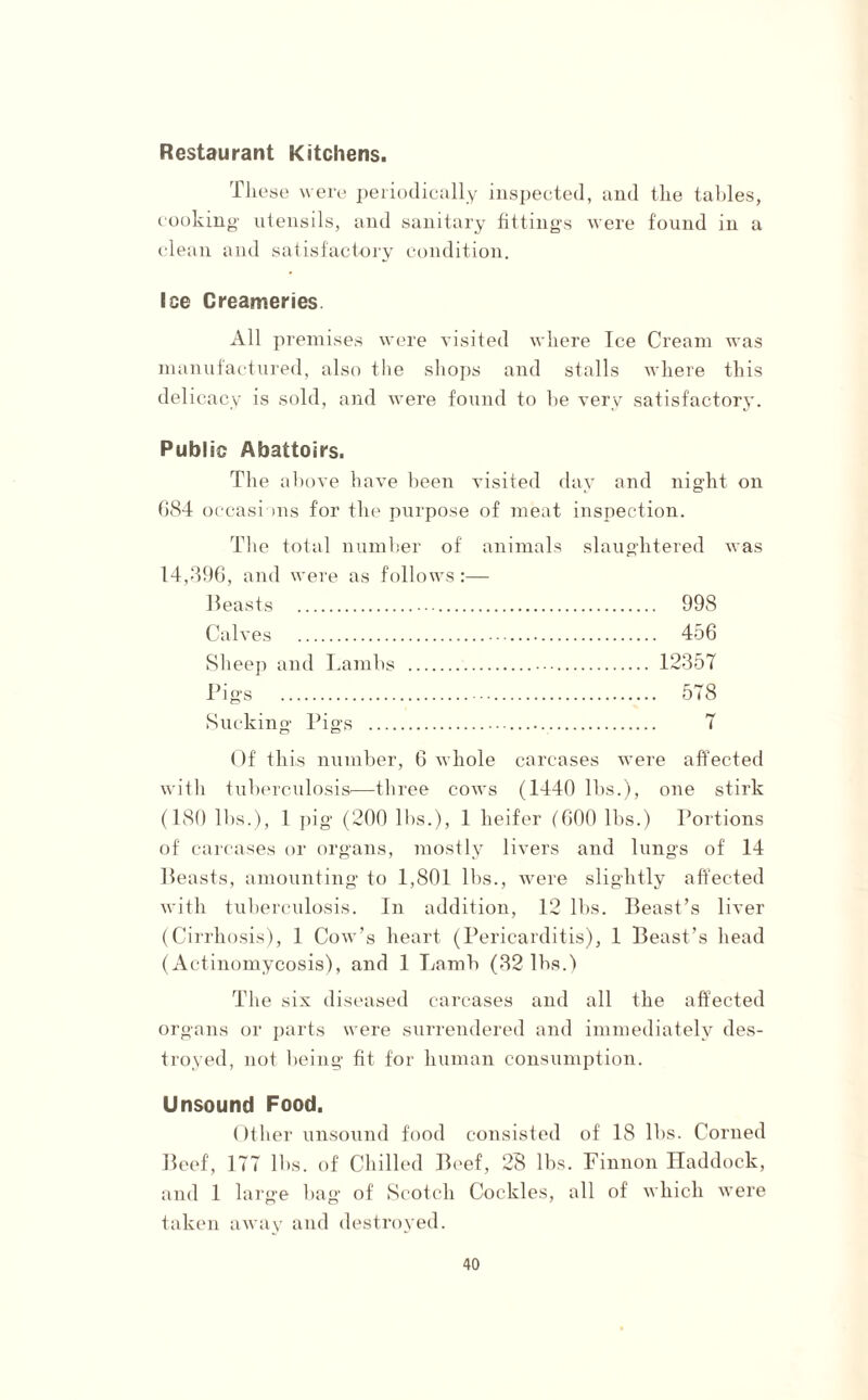 Restaurant Kitchens. These were periodically inspected, and the tables, cooking utensils, and sanitary fittings were found in a clean and satisfactory condition. Ice Creameries All premises were visited where Ice Cream was manufactured, also the shops and stalls where this delicacy is sold, and were found to he very satisfactory. Public Abattoirs. The above have been visited day and night on 684 occasions for the purpose of meat inspection. The total number of' animals slaughtered was 14,896, and were as follows:— Beasts . 998 Calves . 456 Sheep and Lambs . 12357 Pigs . 578 Sucking Pigs . 7 Of this number, 6 whole carcases were affected with tuberculosis'—three cows (1440 lbs.), one stirk (180 lbs.), 1 pig (200 lbs.), 1 heifer (600 lbs.) Portions of carcases or organs, mostly livers and kings of 14 Beasts, amounting to 1,801 lbs., were slightly affected with tuberculosis. In addition, 12 IBs. Beast’s liver (Cirrhosis), 1 Cow’s heart (Pericarditis), 1 Beast’s head (Actinomycosis), and 1 Lamb (32 lbs.) The six diseased carcases and all the affected organs or parts were surrendered and immediately des¬ troyed, not being fit for human consumption. Unsound Food. Other unsound food consisted of 18 lbs. Corned Beef, 177 lbs. of Chilled Beef, 28 lbs. Finnon Haddock, and 1 large bag of Scotch Cockles, all of which were taken away and destroyed.