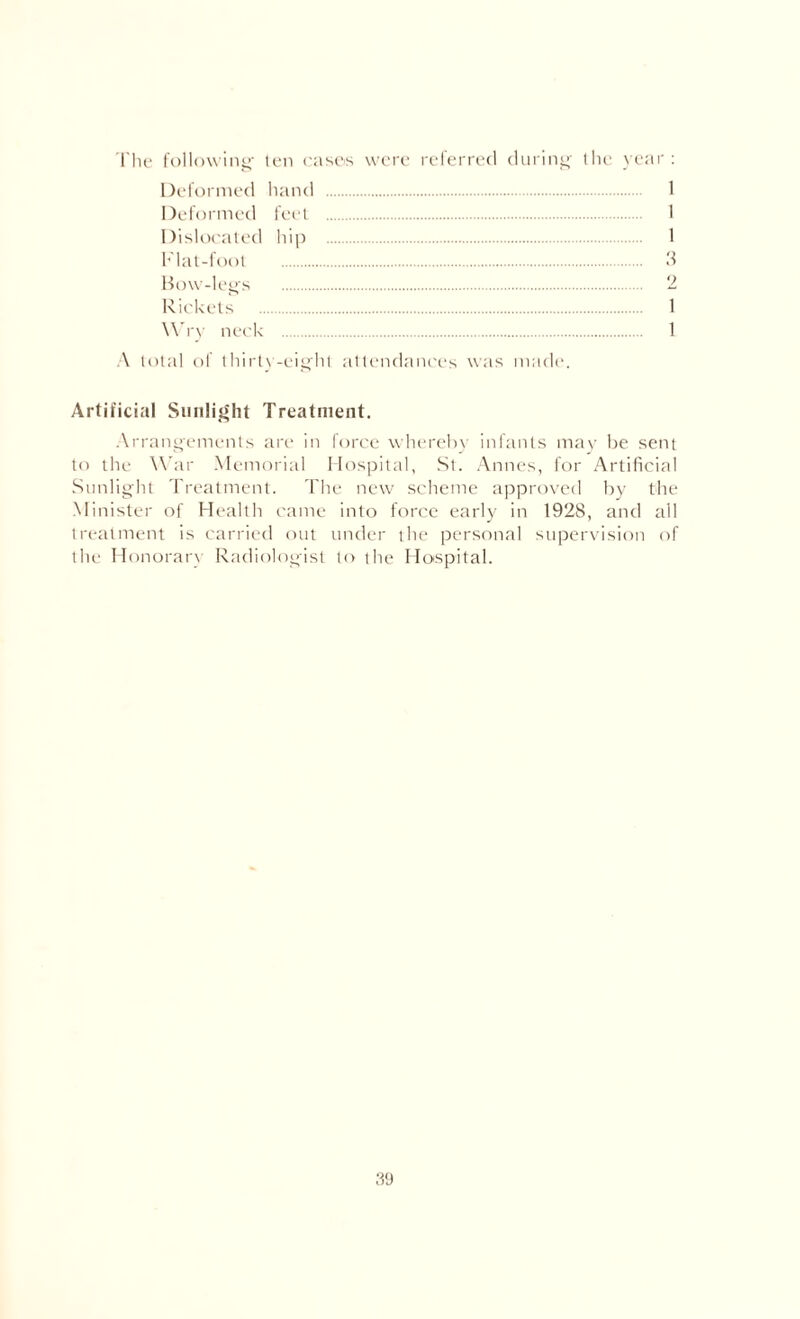 The following- ten cases were referred during; the year: Deformed hand . 1 Deformed feet . I Dislocated hip . 1 Flat-foot . 3 Bow-legs . 2 Rickets . 1 Wry neck . 1 A total of thirty-eight attendances was made. Artificial Sunlight Treatment. Arrangements are in force whereby infants may be sent to the War Memorial Hospital, St. Annes, for Artificial Sunlight Treatment. The new scheme approved by the Minister of Health came into force early in 1928, and all treatment is carried out under the personal supervision of the Honorary Radiologist to the Hospital.