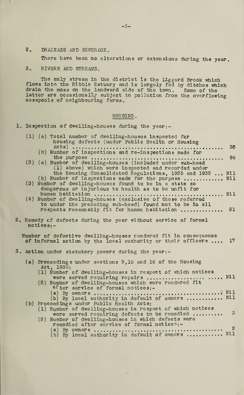-5- 2. DRAINAGE AND SEWERAGE. There have been no alterations or extensions during the year. 3. RIVERS AND STREAMS. The only stream in the district is the Liggard Brook which flows into the Ribble Estuary and is largely fed by ditches which drain the moss on the landward side of the town. Some of the latter are occasionally subject to pollution from the overflowing cesspools of neighbouring farms. HOUSING . 1. Inspection of dwelling-houses during the year;- (1) (a) Total number of dwelling-houses inspected for housing defects (under Public Health or Housing Acts) ........ 38 (b) Number of inspections and re-inspections made for the purpose ... 96 (2) (a) Number of dwelling-houses (included under sub-head (1) above) which were inspected and recorded under the Housing Consolidated Regulations, 1925 and 1932 ... Nil (b) Number of inspections made for the purpose .. Nil (3) Number of dwelling-houses found to be in a state so dangerous or injurious to health as to be unfit for human habitation . Nil (4) Number of dwelling-houses (exclusive of those referred to under the preceding sub-head) found not to be in all respects reasonably fit for human habitation ... 21 2. Remedy cf defects during the year without service of formal notices; - Number of defective dwelling-houses rendered fit in consequence of informal action by the local authority or their officers .... 17 3. Action under statutory powers during the year;- (a) Proceedings under sections 9,10 and 16 of the Housing Act, 1936; (1) Number of dwelling-houses in respect of which notices were served requiring repairs . Nil (2) Number of dwelling-houses which were rendered fit after service of formal notices;- (a) By owners .Nil (b) By local authority in default of owners .. Nil (b) Proceedings under Public Health Acts; (1) Number of dwelling-houses in respect of which notices were served requiring defects to be remedied . (2) Number of dwelling-houses in which defects were remedied after service of formal notices.- (a) By owners . (b) By local authority in default of owners .