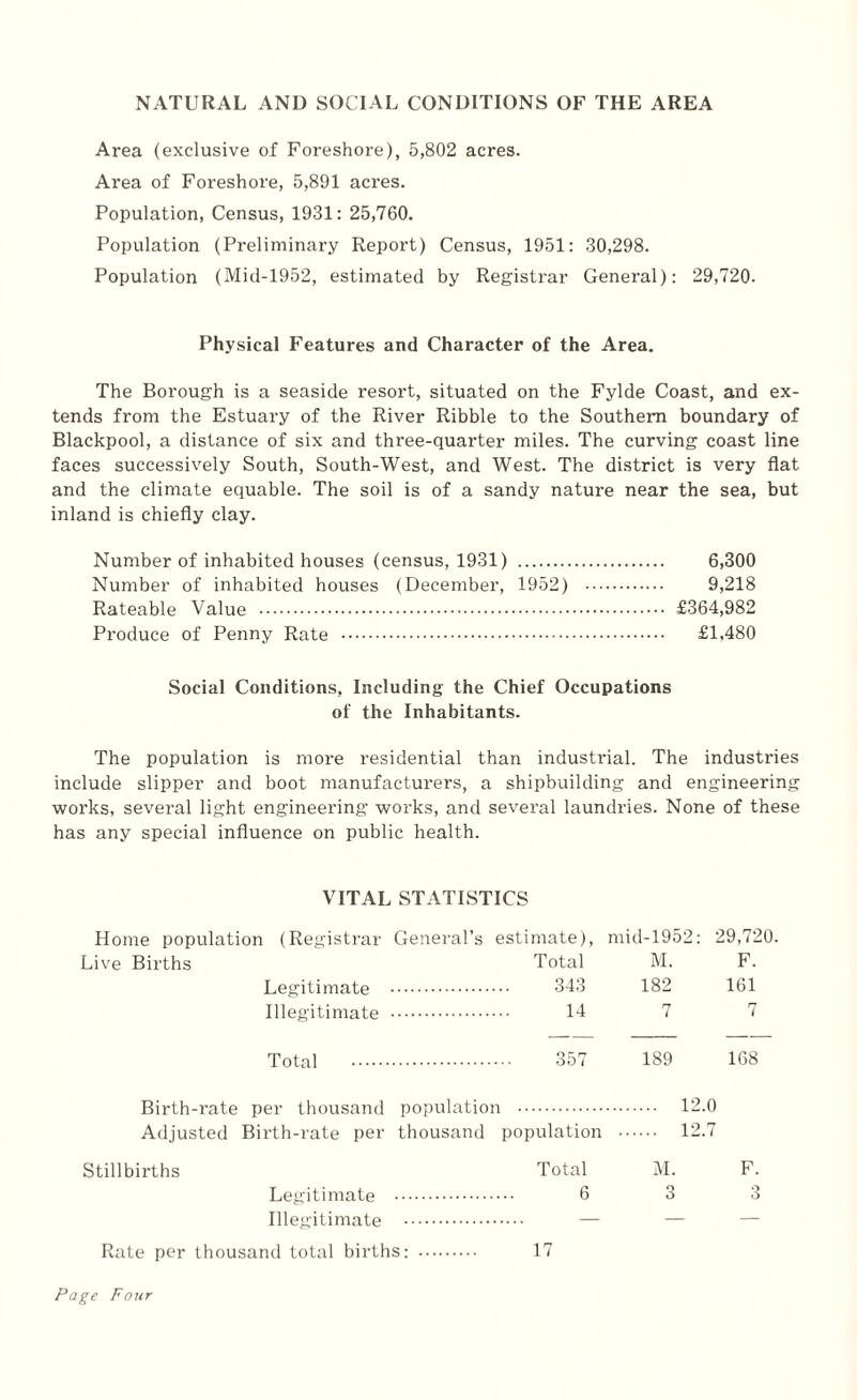 NATURAL AND SOCIAL CONDITIONS OF THE AREA Aj-ea (exclusive of Foreshore), 5,802 acres. Area of Foreshore, 5,891 acres. Population, Census, 1931: 25,760. Population (Preliminary Report) Census, 1951: 30,298. Population (Mid-1952, estimated by Registrar General): 29,720. Physical Features and Character of the Area. The Borough is a seaside resort, situated on the Fylde Coast, and ex¬ tends from the Estuary of the River Ribble to the Southern boundary of Blackpool, a distance of six and three-quarter miles. The curving coast line faces successively South, South-West, and West. The district is very flat and the climate equable. The soil is of a sandy nature near the sea, but inland is chiefly clay. Number of inhabited houses (census, 1931) . 6,300 Number of inhabited houses (December, 1952) . 9,218 Rateable Value . £364,982 Produce of Penny Rate . £1,480 Social Conditions, Including the Chief Occupations of the Inhabitants. The population is more I’esidential than industrial. The industries include slipper and boot manufacturers, a shipbuilding and engineering works, several light engineering works, and several laundries. None of these has any special influence on public health. VITAL STATISTICS Home population (Registrar General’s estimate), mid-1952: 29,720 Live Births Total M. F. Legitimate . 343 182 161 Illegitimate . 14 7 7 Total . . 357 189 168 Birth-rate per thousand population . . 12.0 Adjusted Birth-rate per thousand population ■ . 12.7 Stillbirths Total M. F. Legitimate . 6 3 3 Illegitimate . — — — Rate per thousand total births: . 17